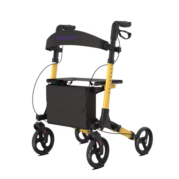 Kekoy Foldable Mobility Rollator Walkers for Seniors with Seat 350 lb, Adjustable Handles and Backrest Height, FSA eligible Adult Aluminum Rolling Walker, 8" Big Wheels, Yellow
