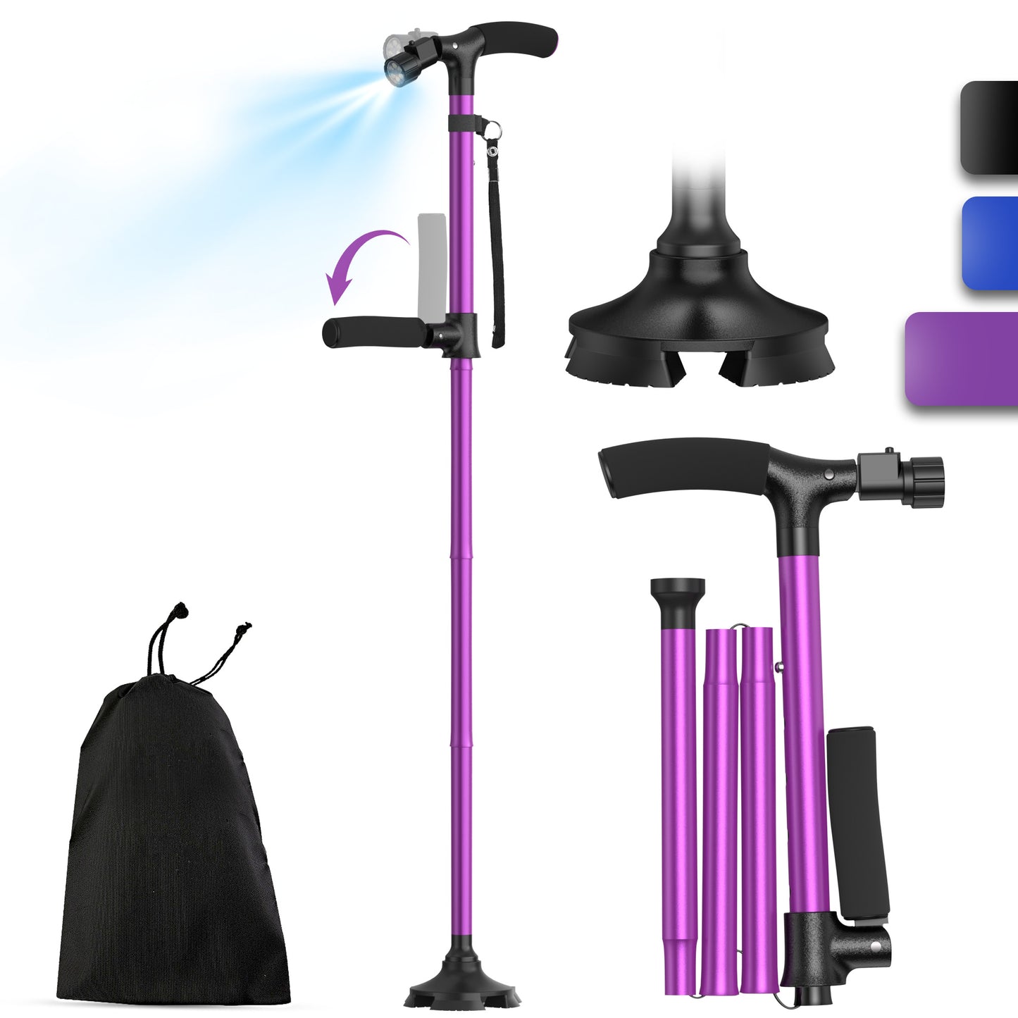 KEKOY Folding Walking Cane for Seniors Men Women with Light and Quad Base