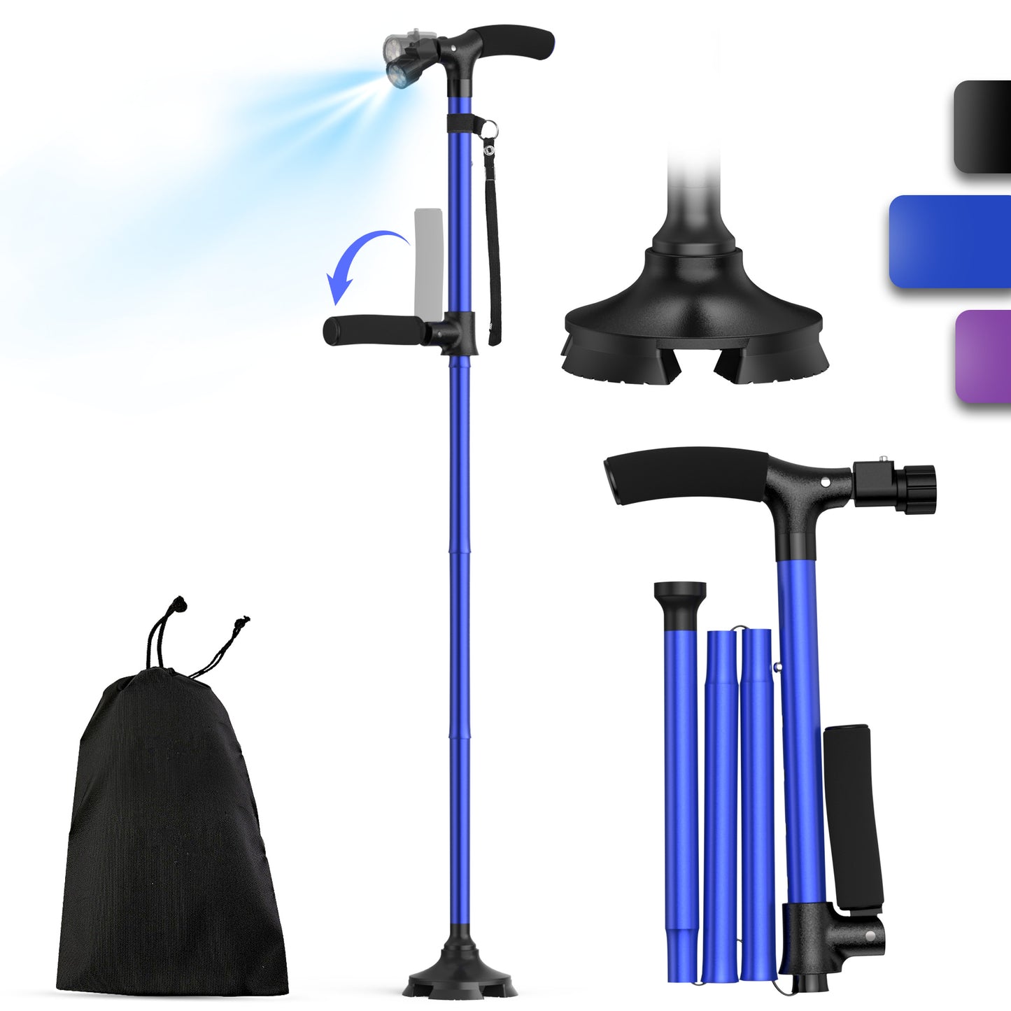 KEKOY Folding Walking Cane for Seniors Men Women with Light and Quad Base