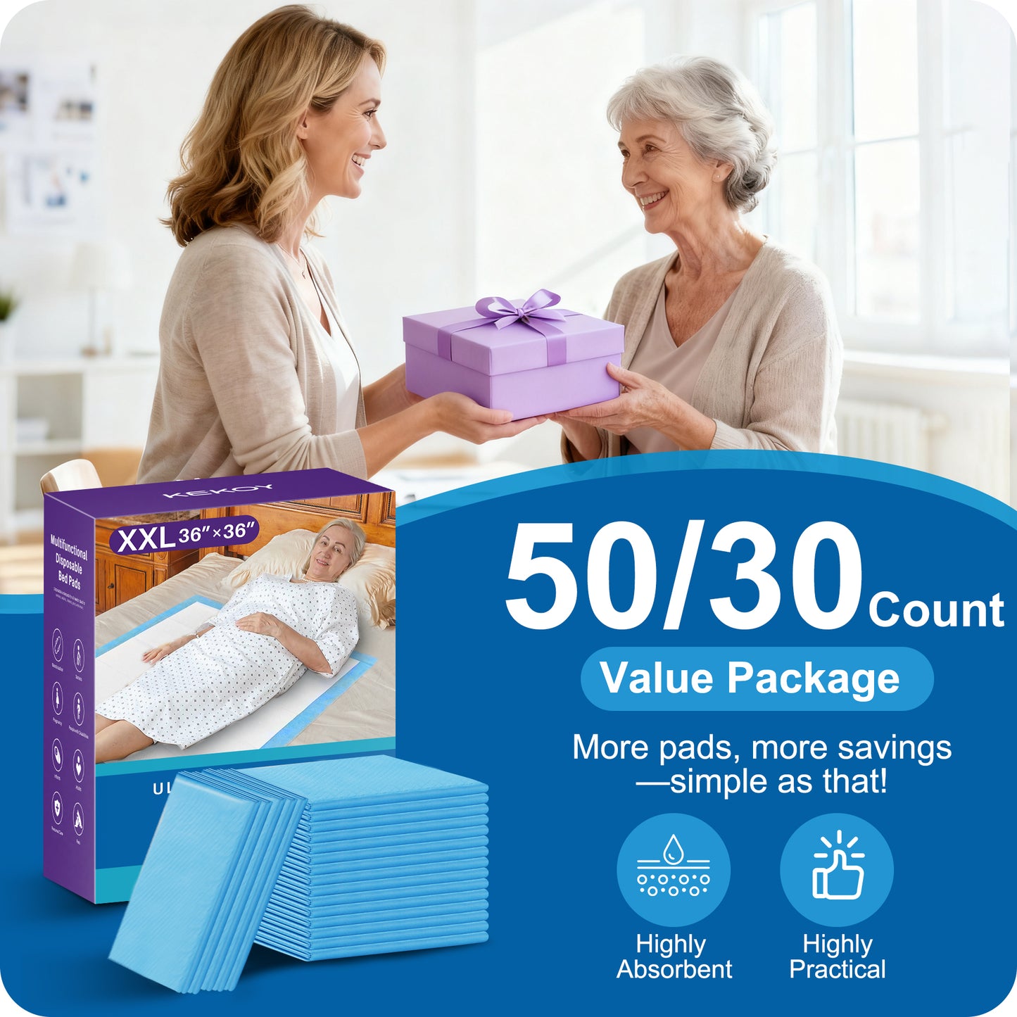 KEKOY Disposable Underpads for Incontinence Disposable 30 x 36", FSA/HSA 3x Super Absorbent Bed Pads, Anti Slip Backing Adult Pee Pads for Bed, 50 Count