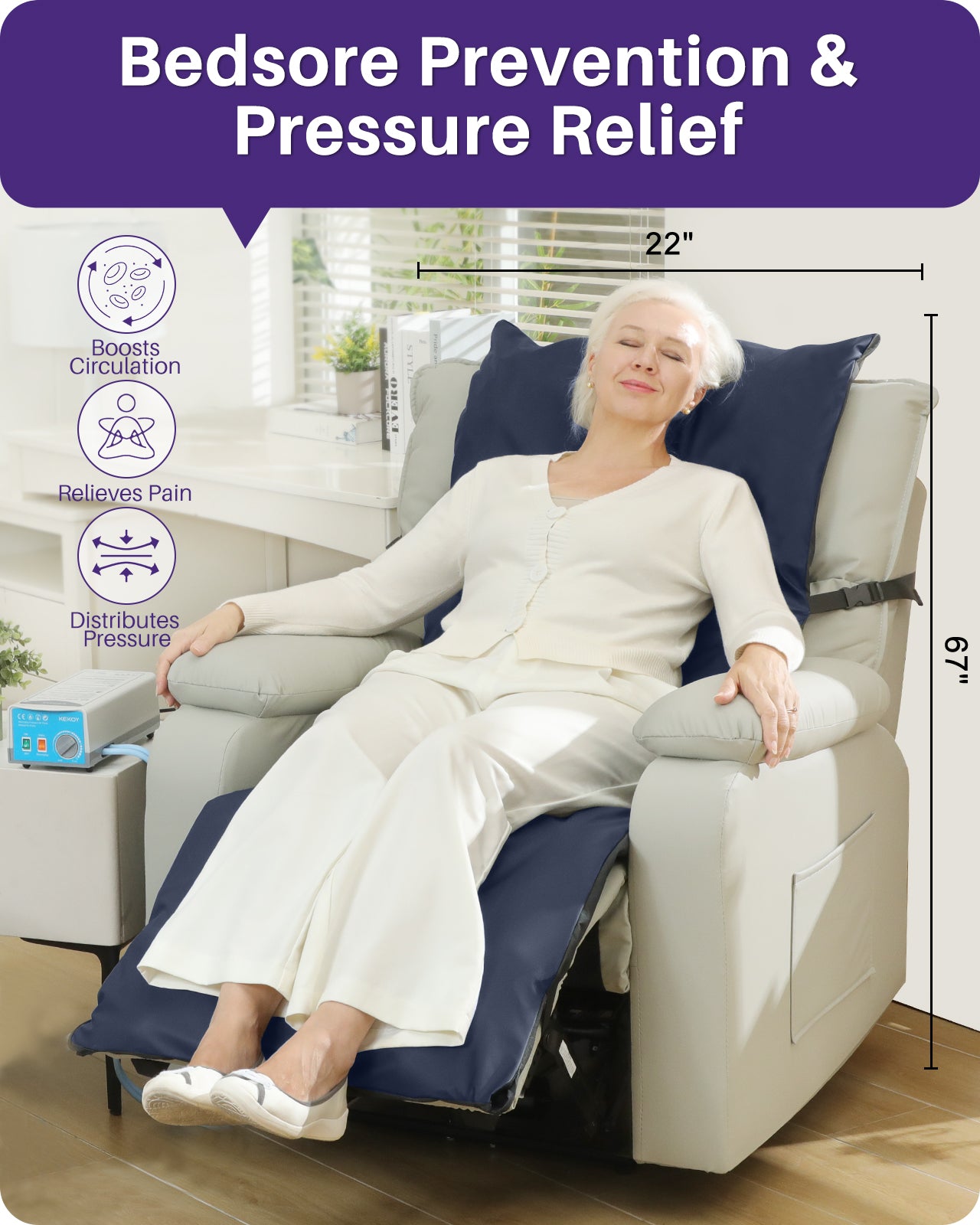 KEKOY Alternating Air Pressure Mattress Pad for Recliner Chair, Pressure Relief Cushion & Bedsore Prevention for Elderly, with Anti-Slip Design, Quiet Pump, Waterproof Cover for Home Hospital Use