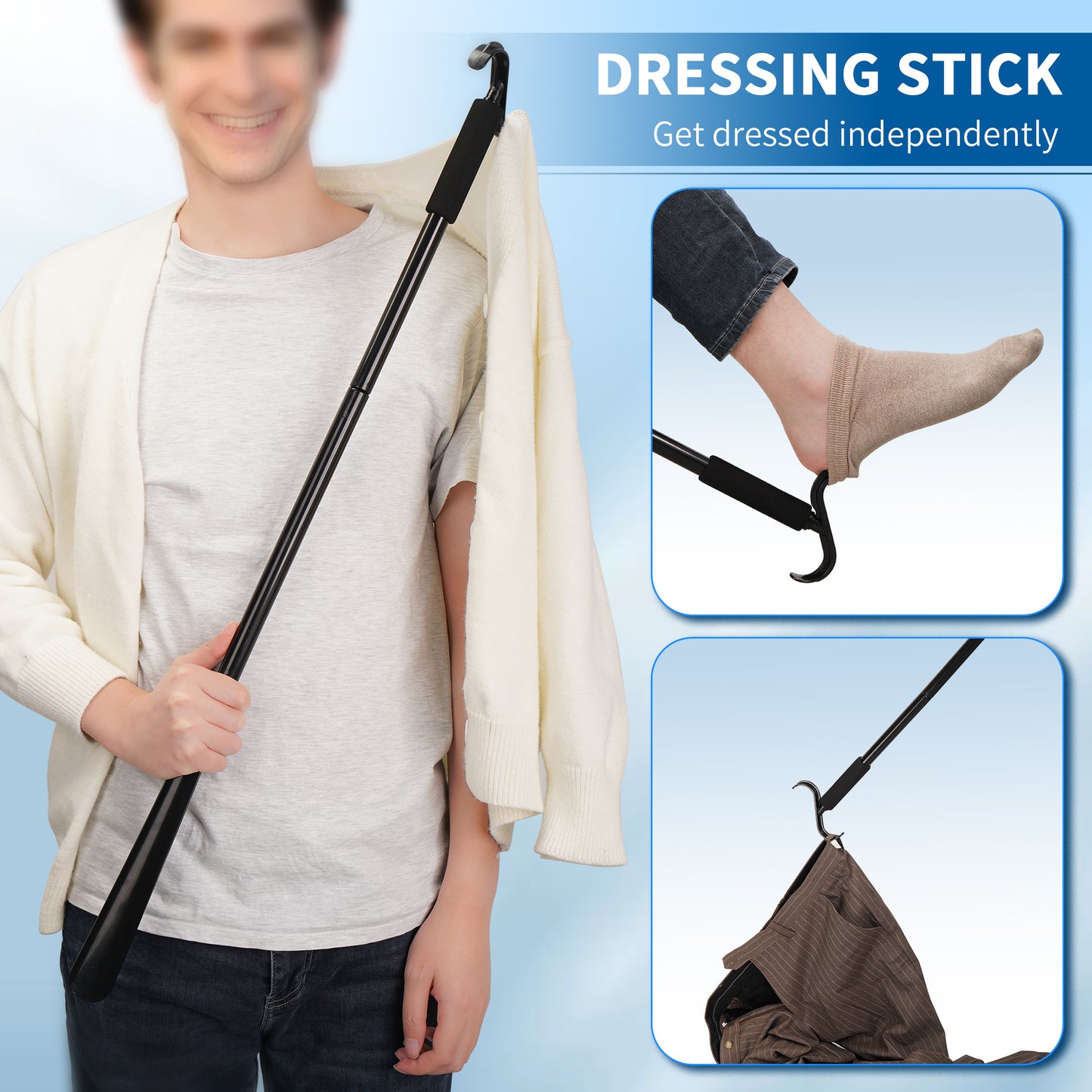 Dual Functional Ends Assistive Dressing Stick with Shoe Horn