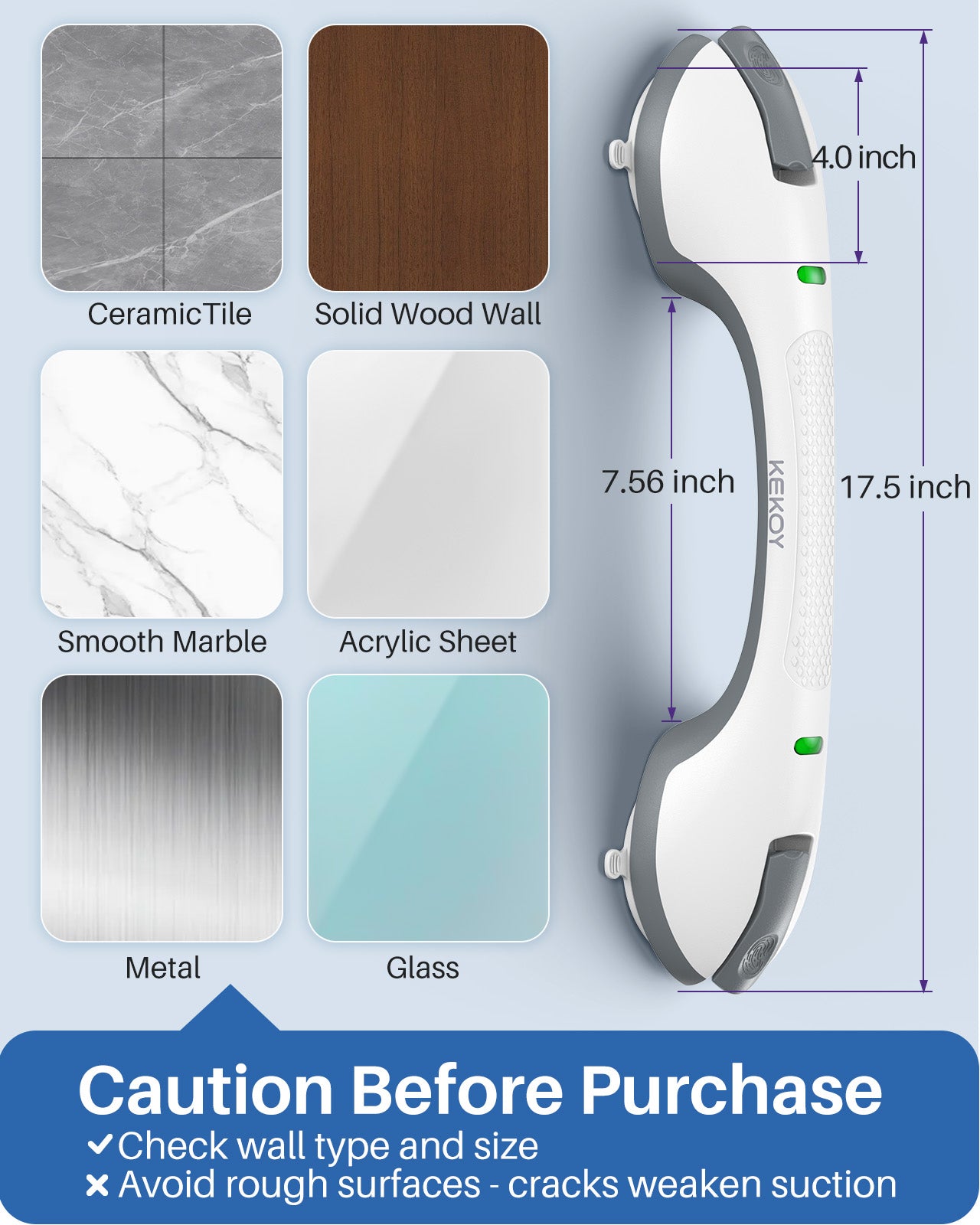 KEKOY 2 Pack Grab Bars for Shower, Heavy Duty Shower Handle Removable Bath Handrails for Elderly, Bathroom Safety Bars for Seniors, No Drilling, Waterproof