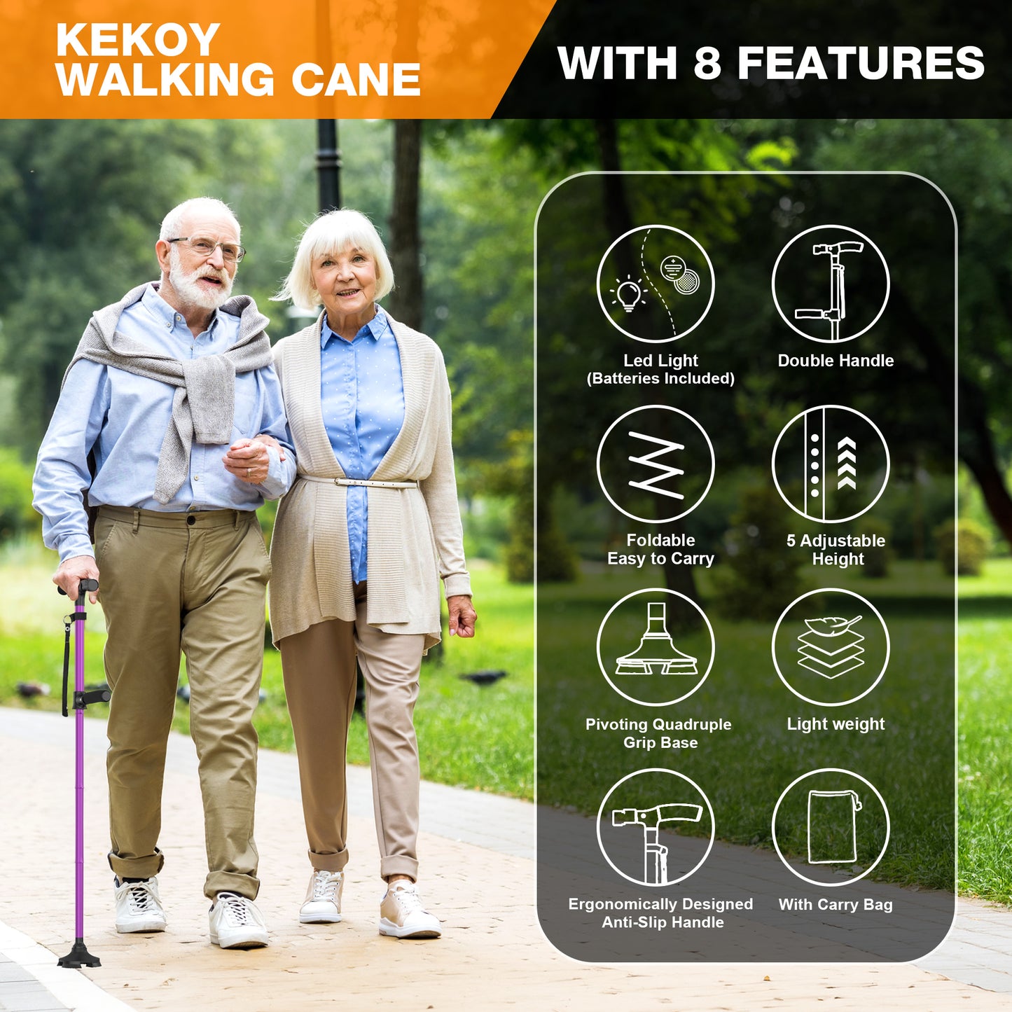 KEKOY Folding Walking Cane for Seniors Men Women with Light and Quad Base