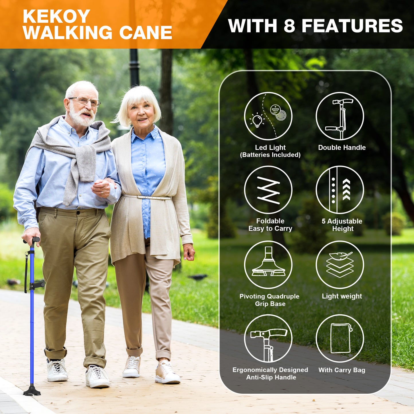 KEKOY Folding Walking Cane for Seniors Men Women with Light and Quad Base