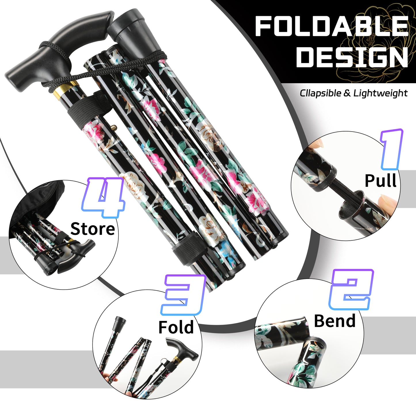 4-Folding Walking Aid Cane with Extra Stability