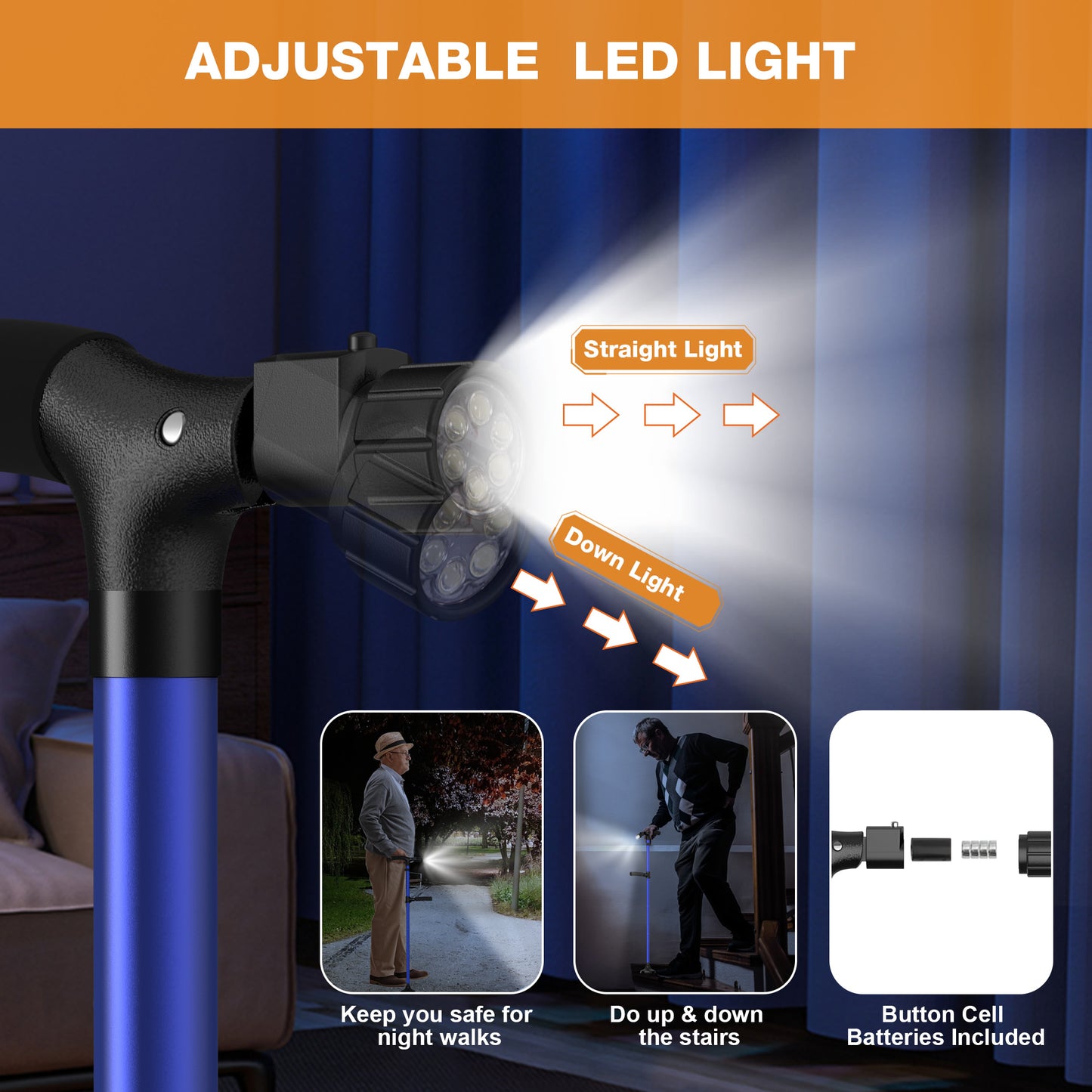 KEKOY Folding Walking Cane for Seniors Men Women with Light and Quad Base