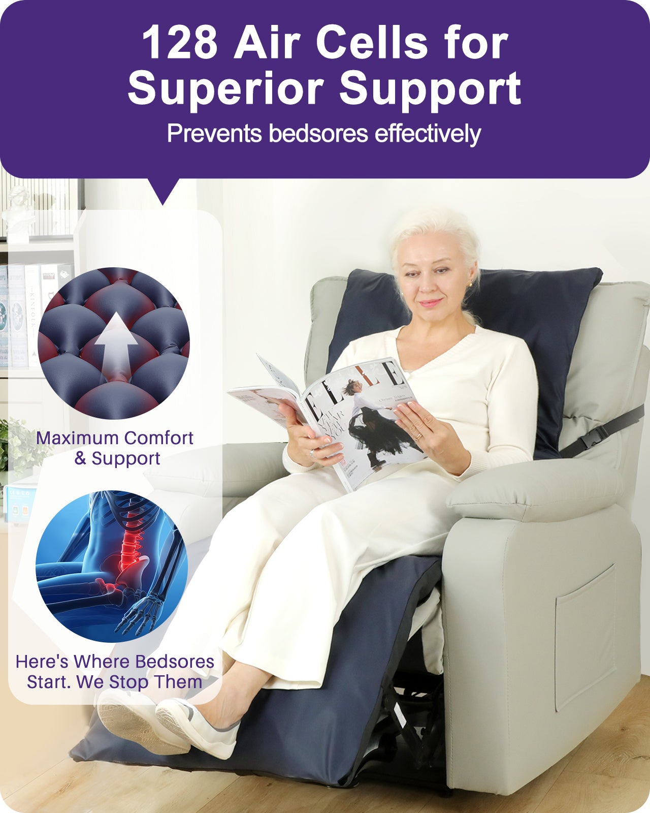 KEKOY Alternating Air Pressure Mattress Pad for Recliner Chair, Pressure Relief Cushion & Bedsore Prevention for Elderly, with Anti-Slip Design, Quiet Pump, Waterproof Cover for Home Hospital Use