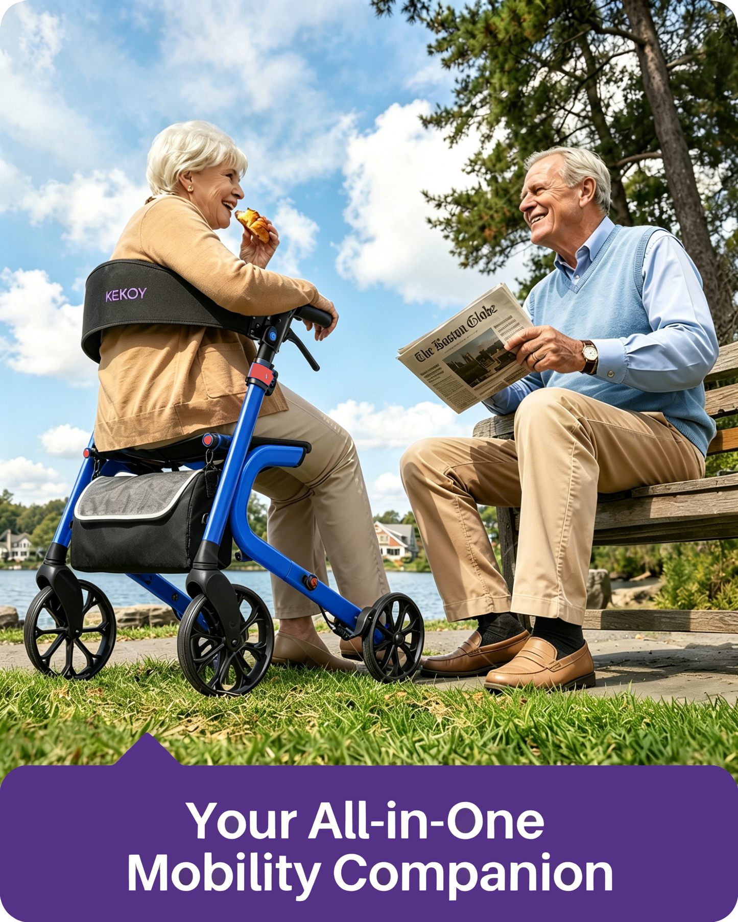 Kekoy Heavy-Duty Rollator Walker with Seat for Seniors – 500 lbs Walker for Seniors, Extra-Wide 19.5" Seat, Reinforced K-Frame, 10" TPR All-Terrain Wheels, Hidden Brake Cables, 8-Level Adjustable Height, Blue