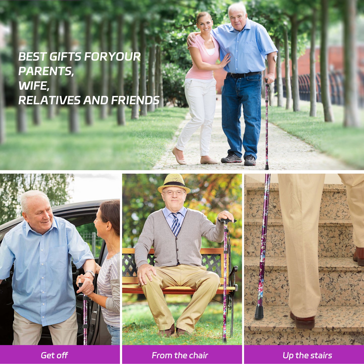 KEKOY Walking Cane for Women, 34" to 37" Height Adjustable Walking Stick, Portable T-Handle Folding Cane with 2 Replaceable Cane Tips, Mobility & Daily Living Aids