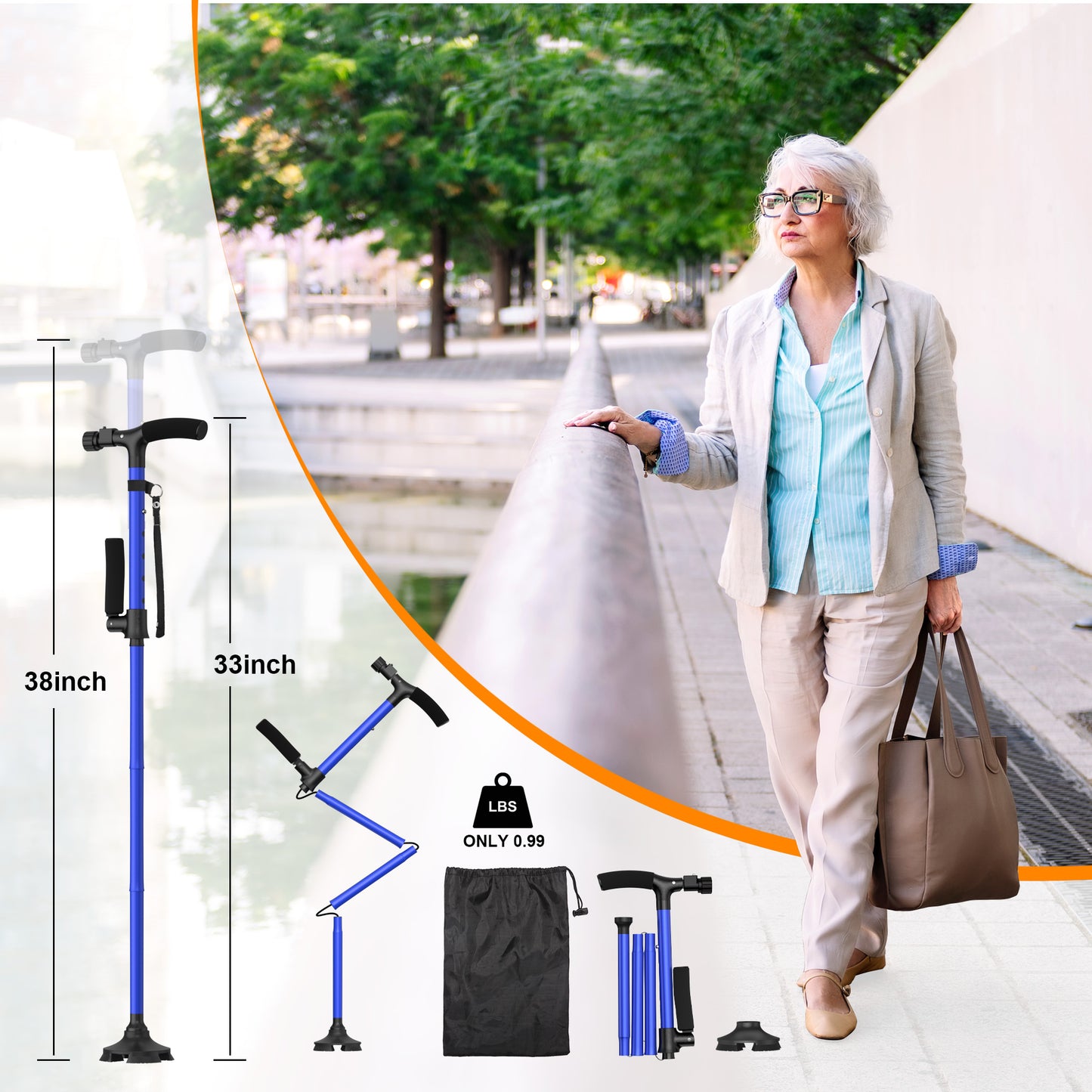 KEKOY Folding Walking Cane for Seniors Men Women with Light and Quad Base
