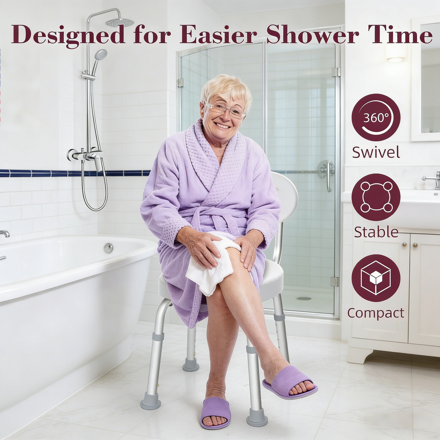 Kekoy Swivel Shower Chair, 360° Rotating Shower Seat with Backrest for Elderly and Disabled, Height Adjustable Tub Bench for Inside Shower Stool & Bath Tub Seat for Adults, White