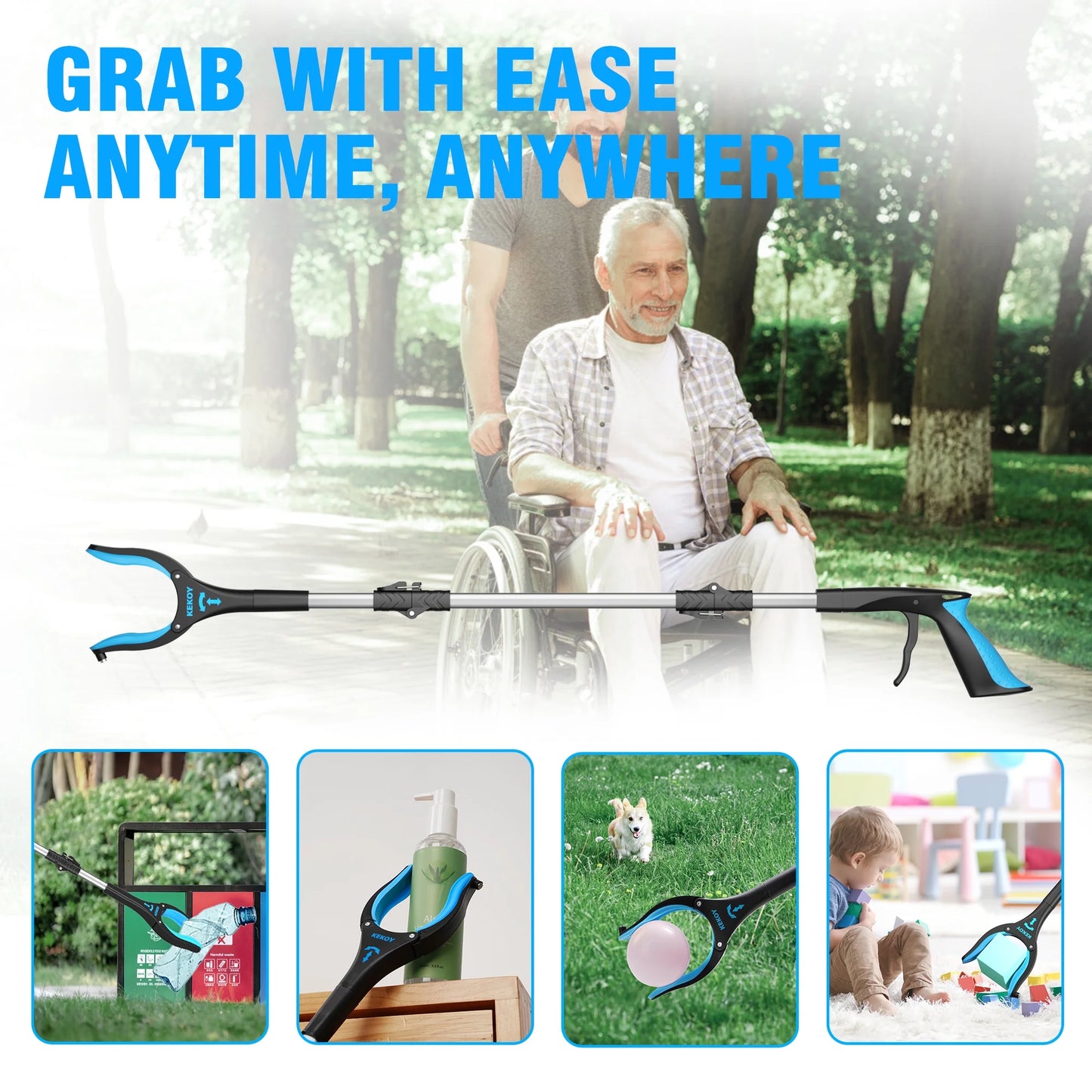 Kekoy 36" Grabber Reaching Tool, 2 Pack Foldable Grabbers for Elderly Grab It Reaching Tool, Long Reacher Grabber Pickup Tool, Magnetic Grabber Reacher Tool, Blue