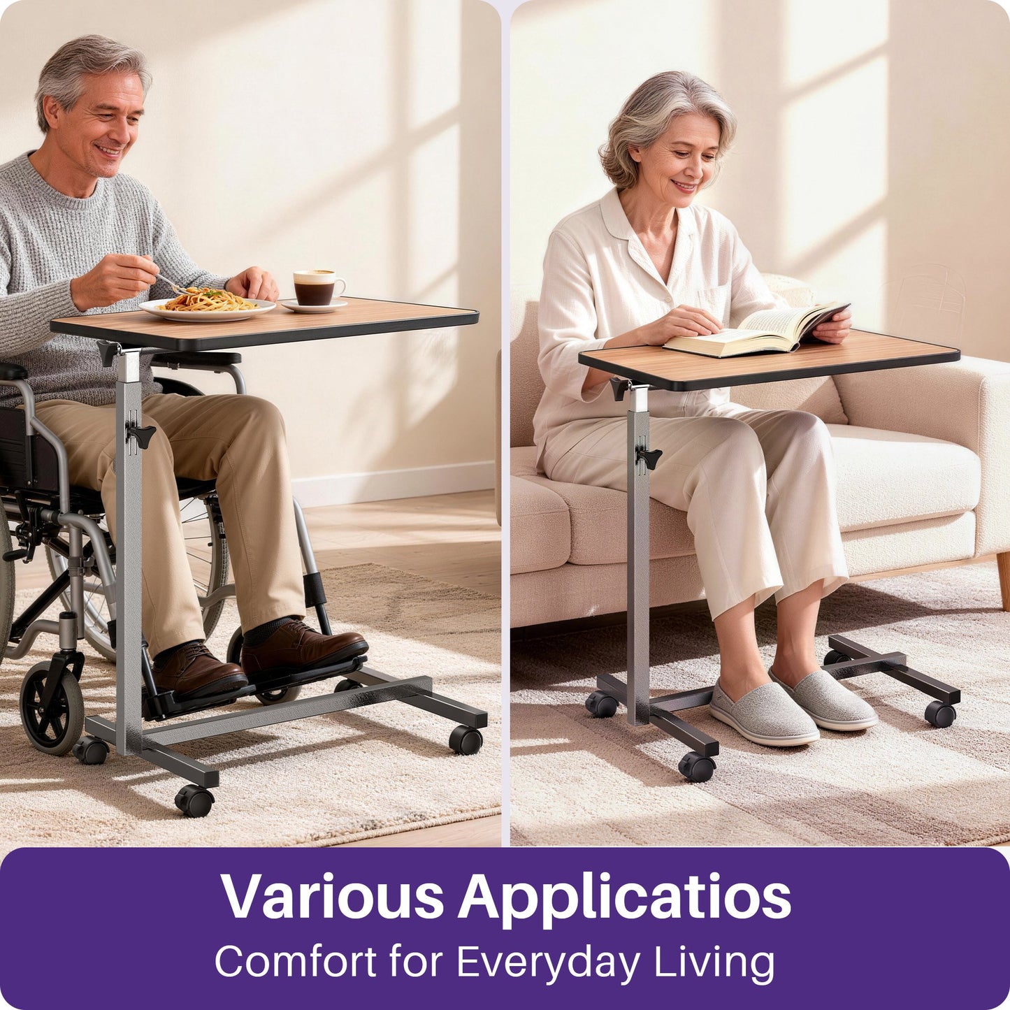 KEKOY Overbed Table, Adjustable Overbed Bedside Table with Wheels, Tilt Table for Home and Hospital Use, Smooth Rolling, Stable Support Design