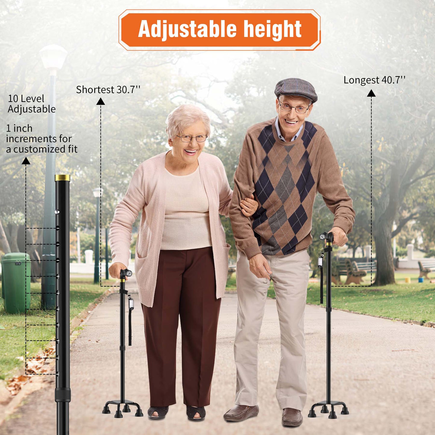 KEKOY Folding Quad Cane with Adjustable Light & Customizable Height