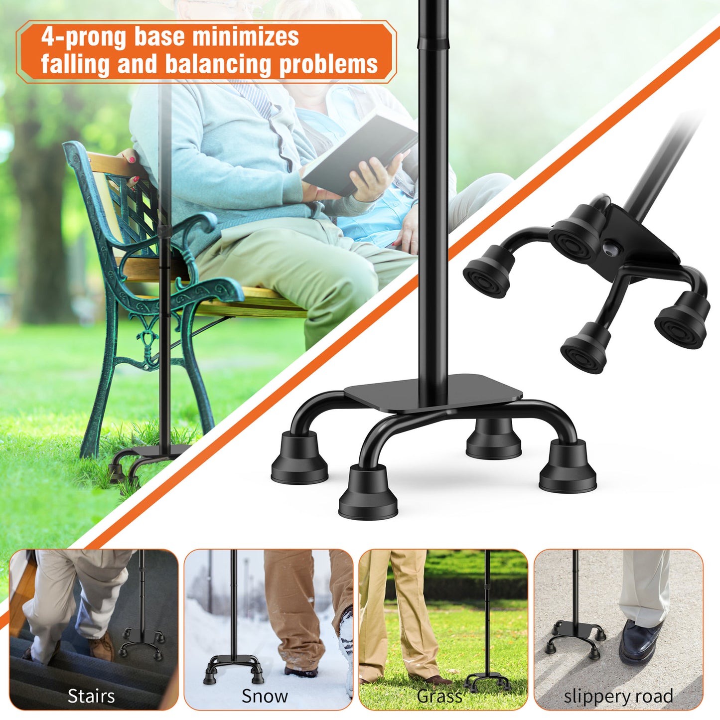 KEKOY Folding Quad Cane with Adjustable Light & Customizable Height