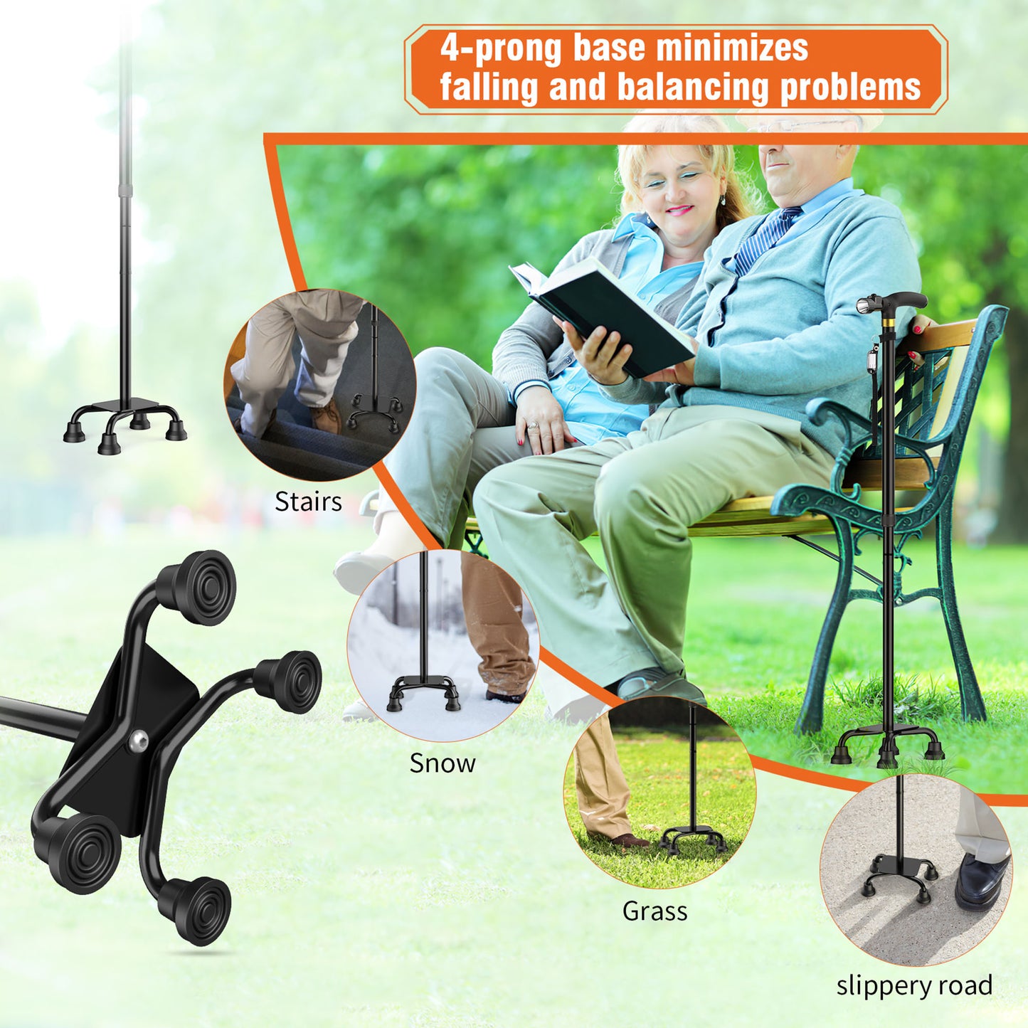 KEKOY Folding Quad Cane with Adjustable Light & Customizable Height