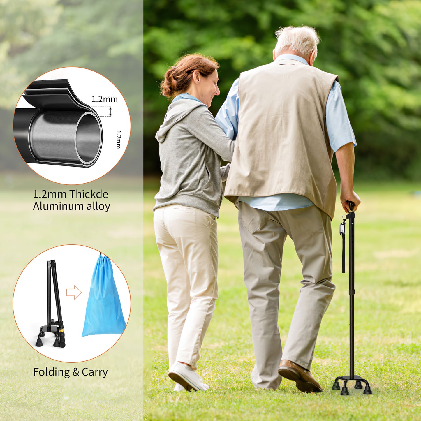 KEKOY Folding Quad Cane with Adjustable Light & Customizable Height