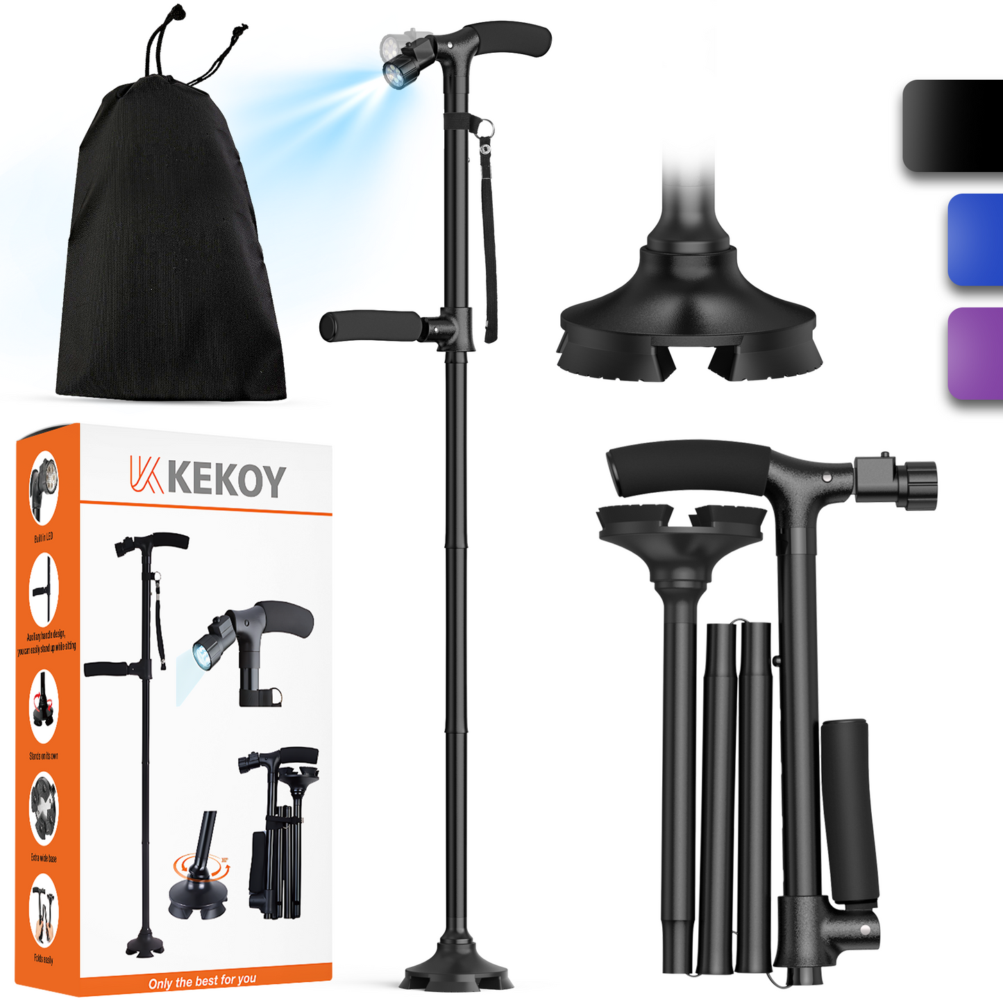 KEKOY Folding Walking Cane for Seniors Men Women with Light and Quad Base