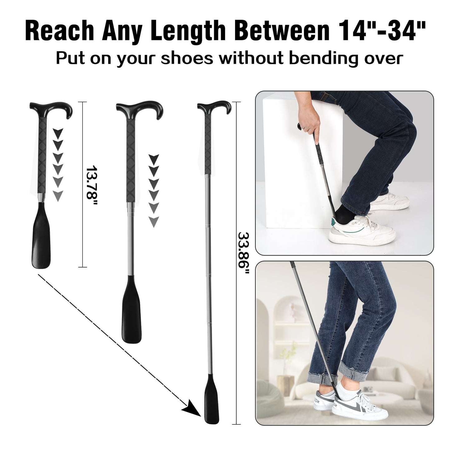 KEKOY Shoe Horn, 14" to 34" Long Handle Adjustable and Retractable Stainless Steel Long Shoehorn for Seniors with Travel Bag