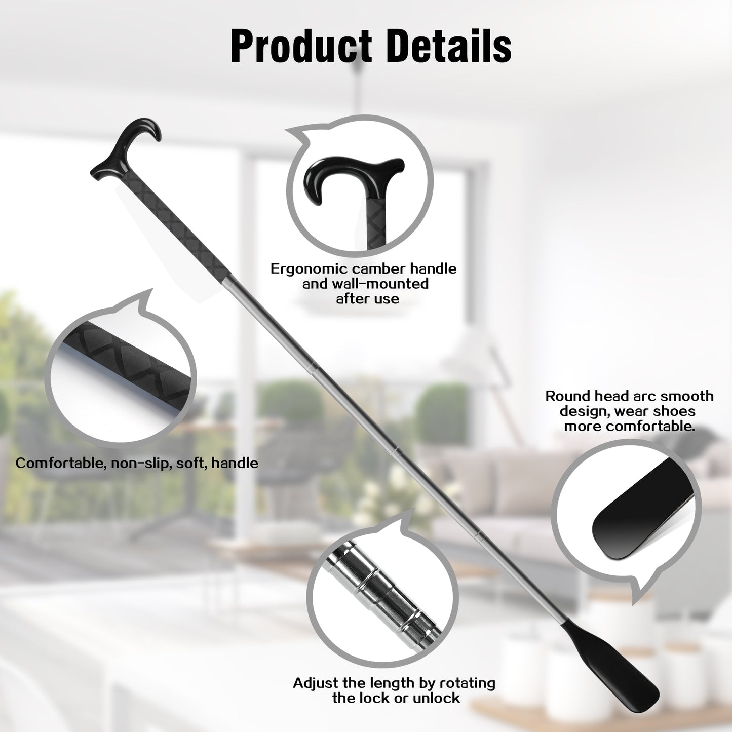 KEKOY Shoe Horn, 14" to 34" Long Handle Adjustable and Retractable Stainless Steel Long Shoehorn for Seniors with Travel Bag