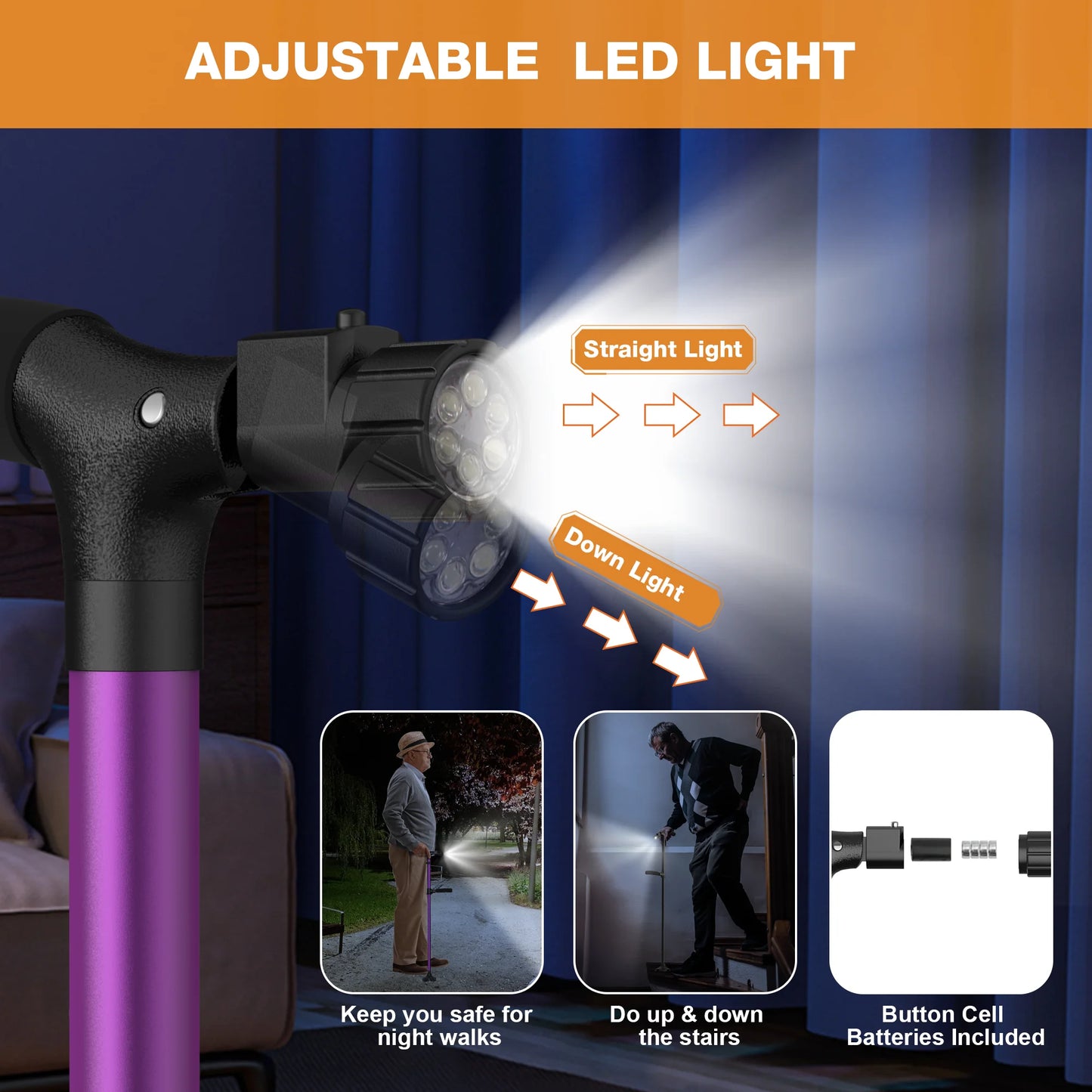 KEKOY Folding Walking Cane for Seniors Men Women with Light and Quad Base Purple