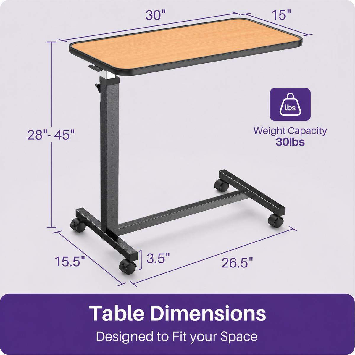 KEKOY Overbed Table with Wheels, One-Touch Height Adjustable Rolling Hospital Bedside Table, Stable Bed Tray for Eating, Reading, Elderly Home Care and Hospital Use