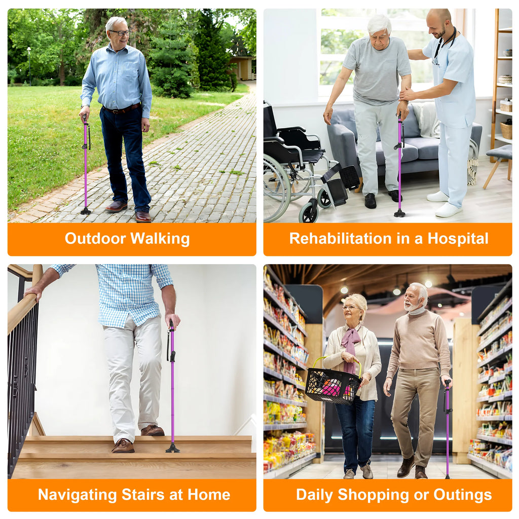 KEKOY Folding Walking Cane for Seniors Men Women with Light and Quad Base Purple