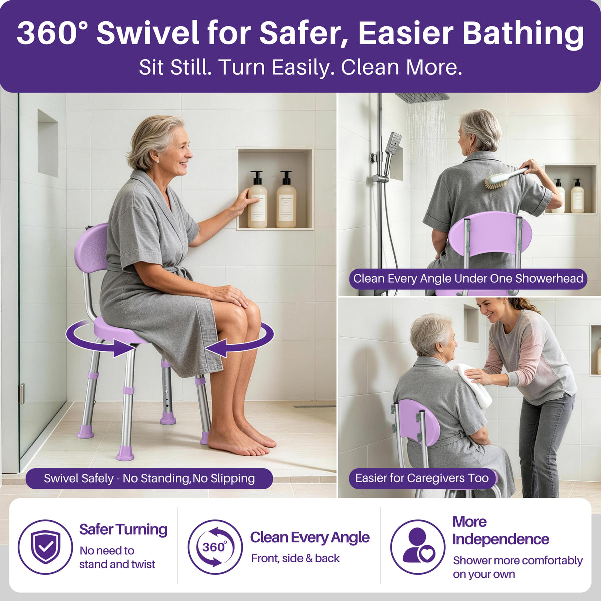 Kekoy Swivel Shower Chair, 360° Rotating Shower Seat with Backrest for Elderly and Disabled, Height Adjustable Tub Bench for Inside Shower Stool & Bath Tub Seat for Narrow Space