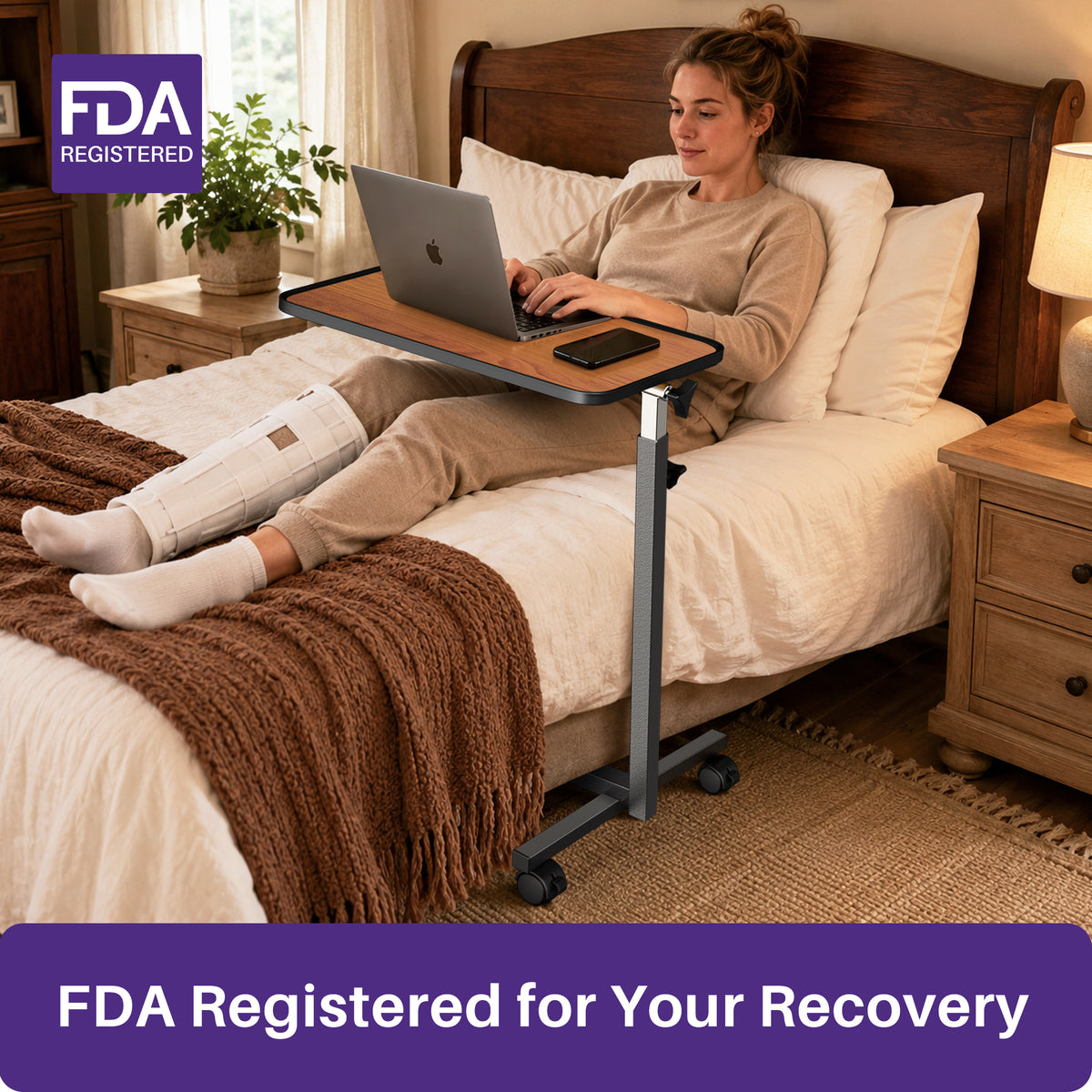 KEKOY Overbed Table with Wheels, 90° Tilting Tabletop and Adjustable Height, Rolling Hospital Bedside Table for Reading, Laptop Work and Post-Surgery Recovery