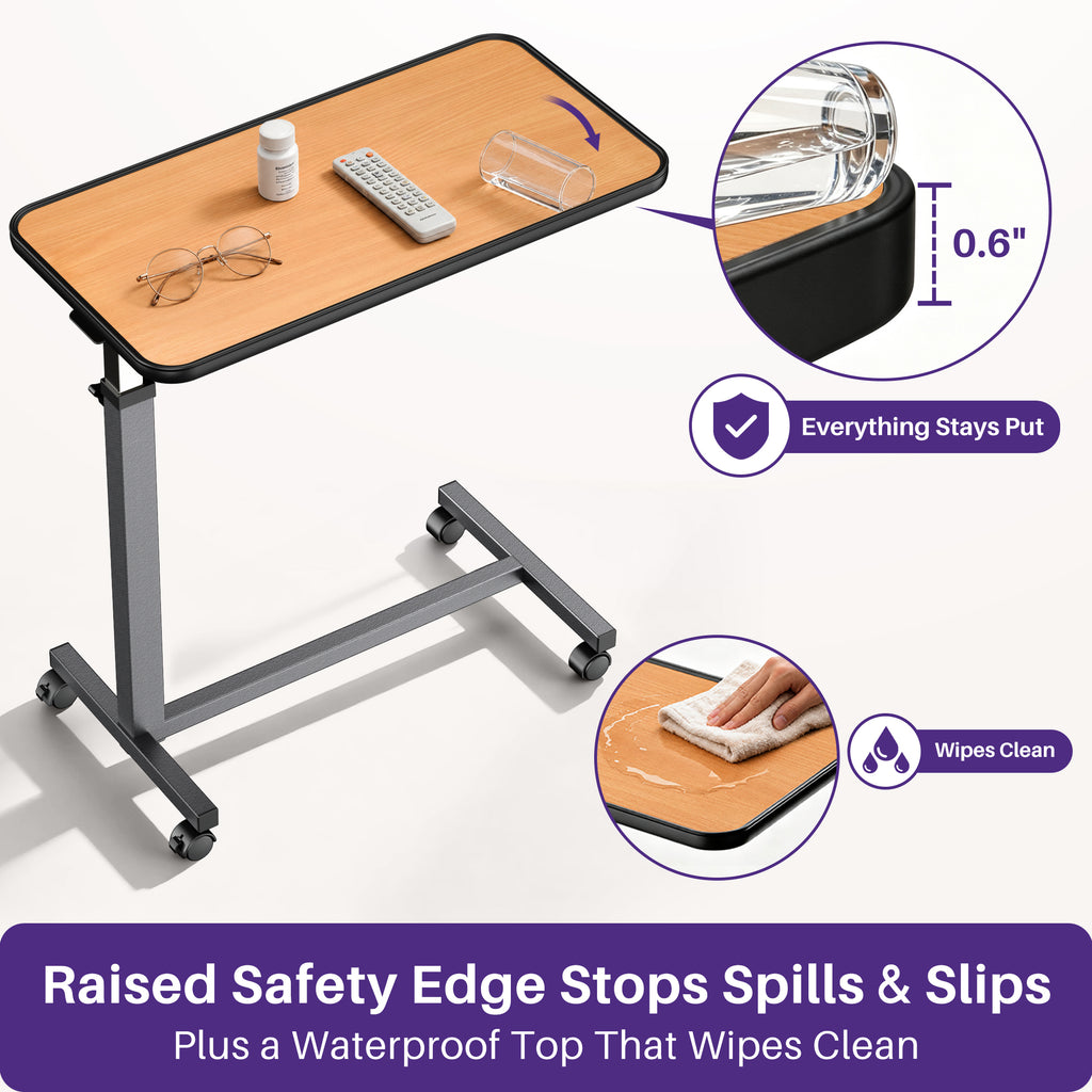 KEKOY Overbed Table with Wheels, One-Touch Height Adjustable Rolling Hospital Bedside Table, Stable Bed Tray for Eating, Reading, Elderly Home Care and Hospital Use