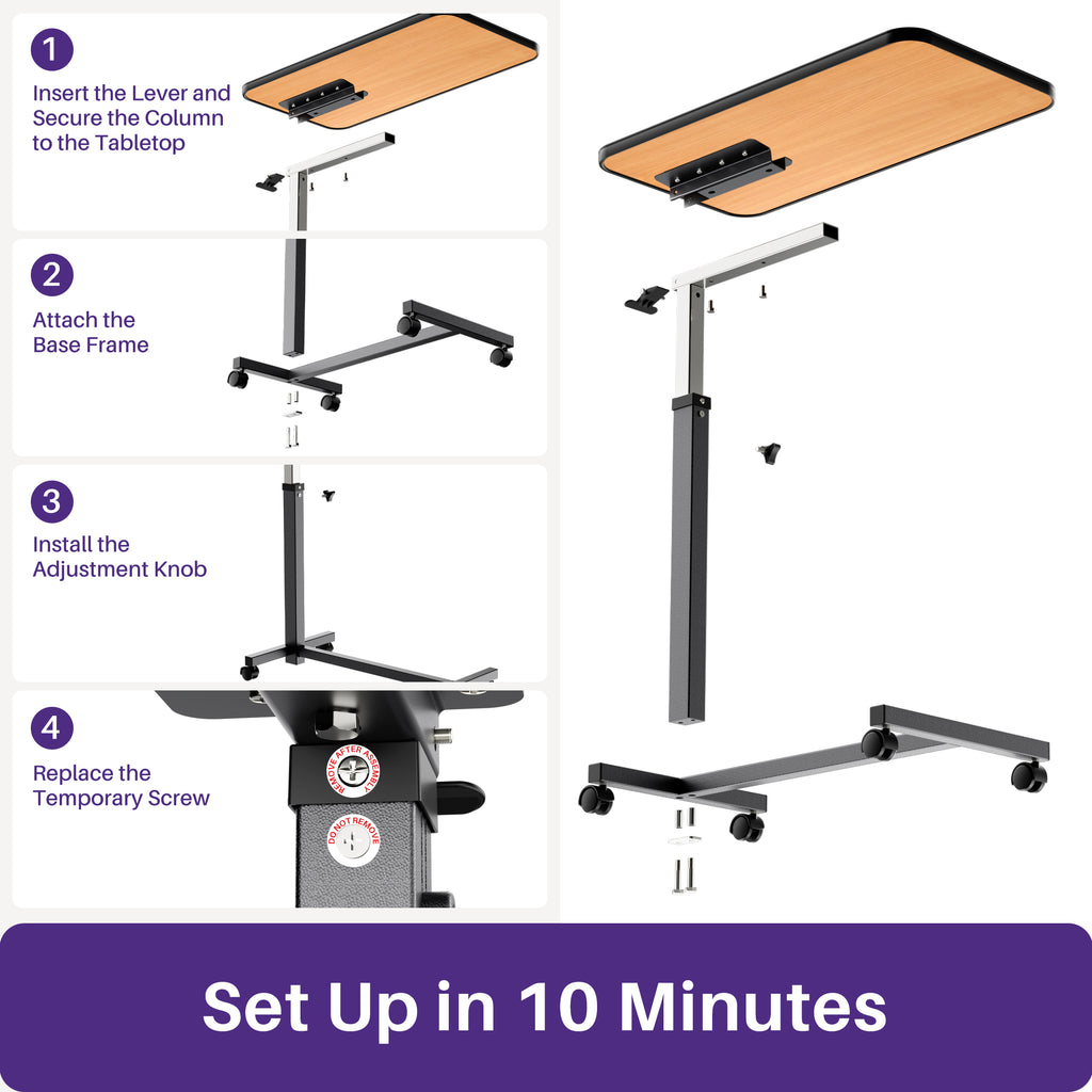 KEKOY Overbed Table with Wheels, One-Touch Height Adjustable Rolling Hospital Bedside Table, Stable Bed Tray for Eating, Reading, Elderly Home Care and Hospital Use