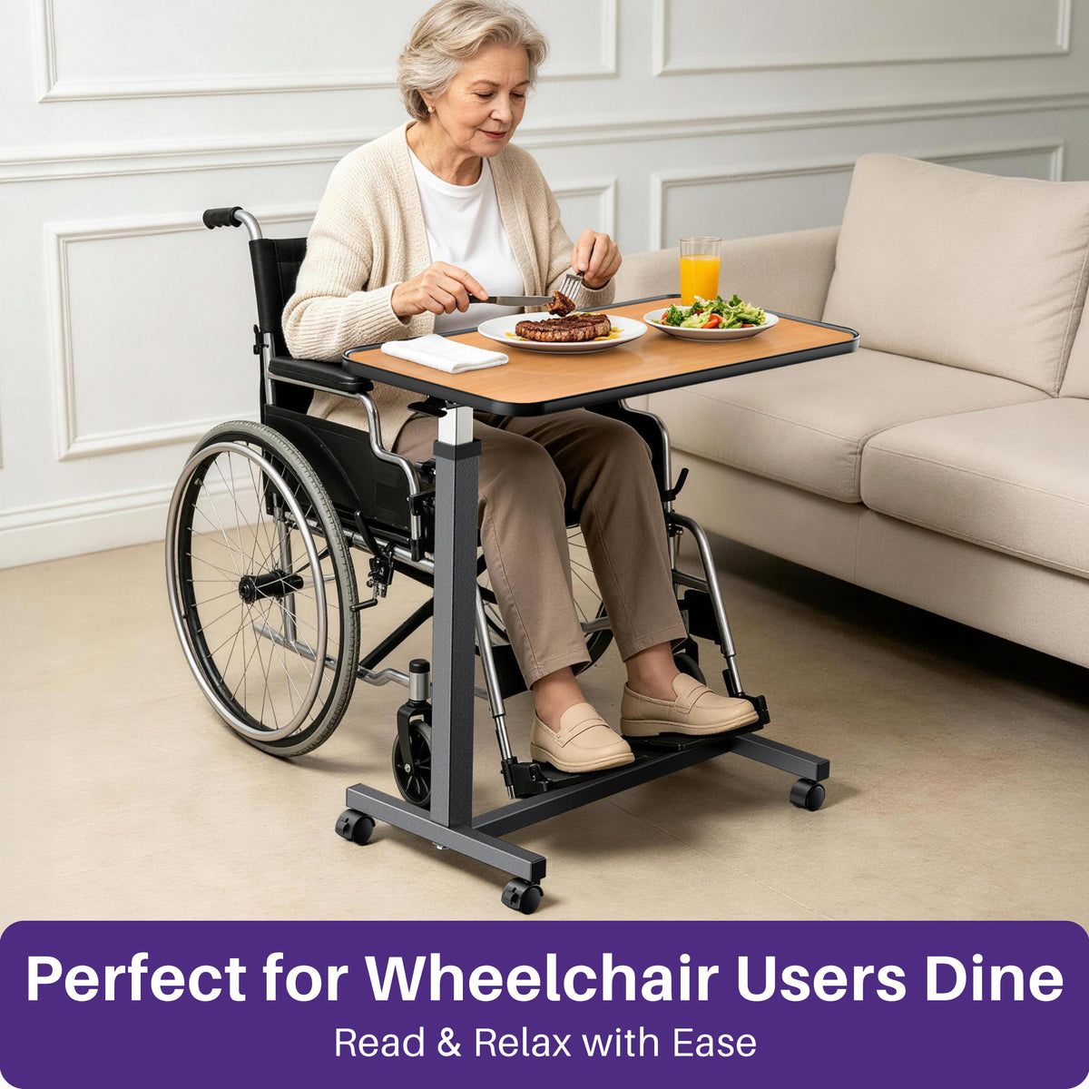 KEKOY Overbed Table with Wheels, One-Touch Height Adjustable Rolling Hospital Bedside Table, Stable Bed Tray for Eating, Reading, Elderly Home Care and Hospital Use