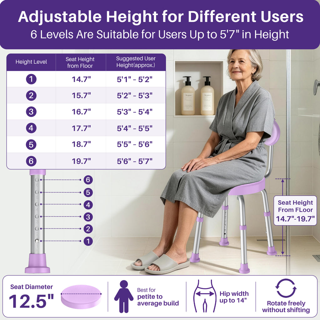 Kekoy Swivel Shower Chair, 360° Rotating Shower Seat with Backrest for Elderly and Disabled, Height Adjustable Tub Bench for Inside Shower Stool & Bath Tub Seat for Narrow Space
