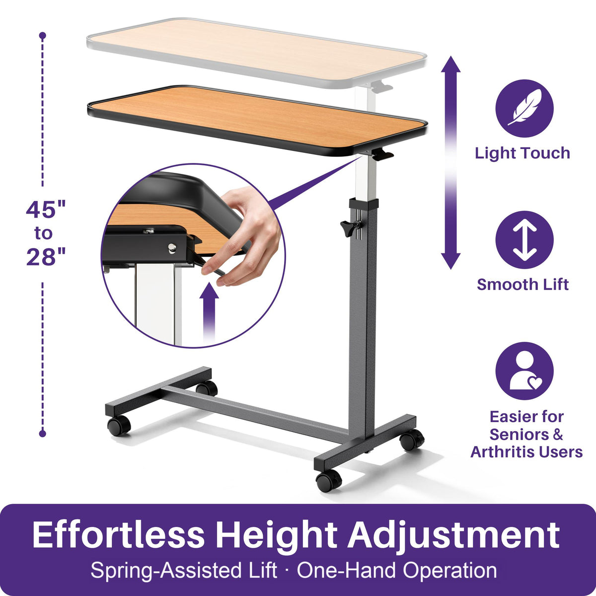 KEKOY Overbed Table with Wheels, One-Touch Height Adjustable Rolling Hospital Bedside Table, Stable Bed Tray for Eating, Reading, Elderly Home Care and Hospital Use