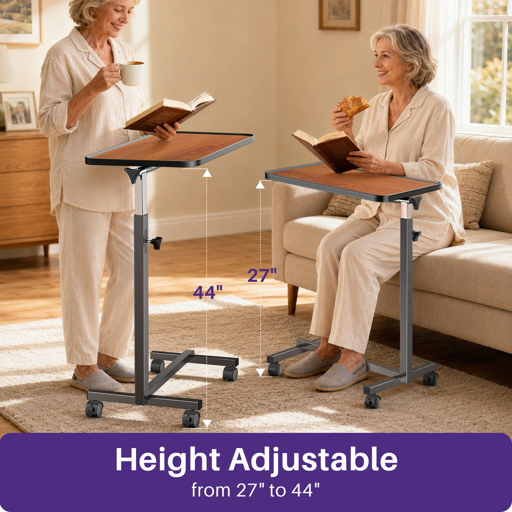 KEKOY Overbed Table with Wheels, 90° Tilting Tabletop and Adjustable Height, Rolling Hospital Bedside Table for Reading, Laptop Work and Post-Surgery Recovery