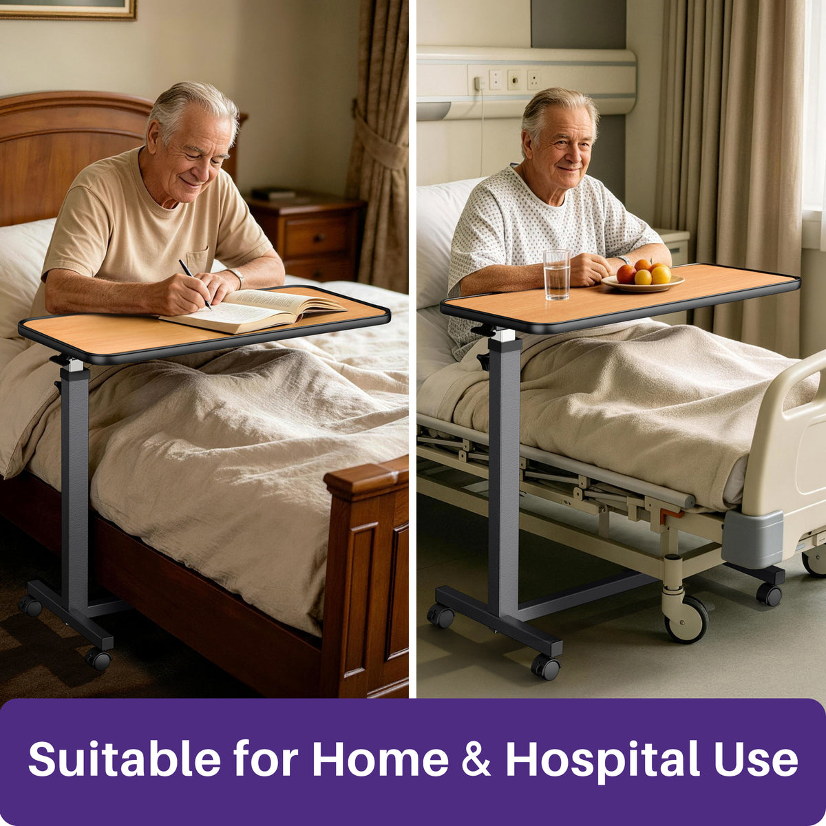 KEKOY Overbed Table with Wheels, One-Touch Height Adjustable Rolling Hospital Bedside Table, Stable Bed Tray for Eating, Reading, Elderly Home Care and Hospital Use