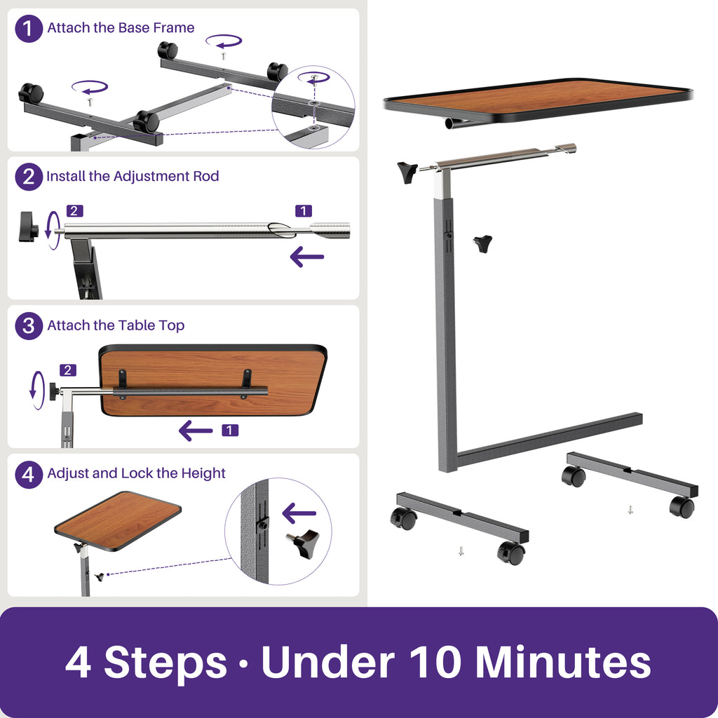 KEKOY Overbed Table with Wheels, 90° Tilting Tabletop and Adjustable Height, Rolling Hospital Bedside Table for Reading, Laptop Work and Post-Surgery Recovery