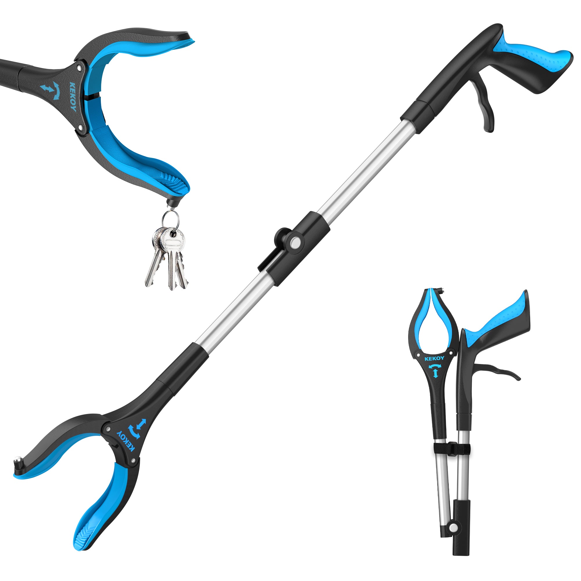 KEKOY 32 inch Grabber Reaching Tool, Reacher Grabber for Elderly, Foldable Gripper and Reaching Tool with Rotating Jaw, Blue Aluminum