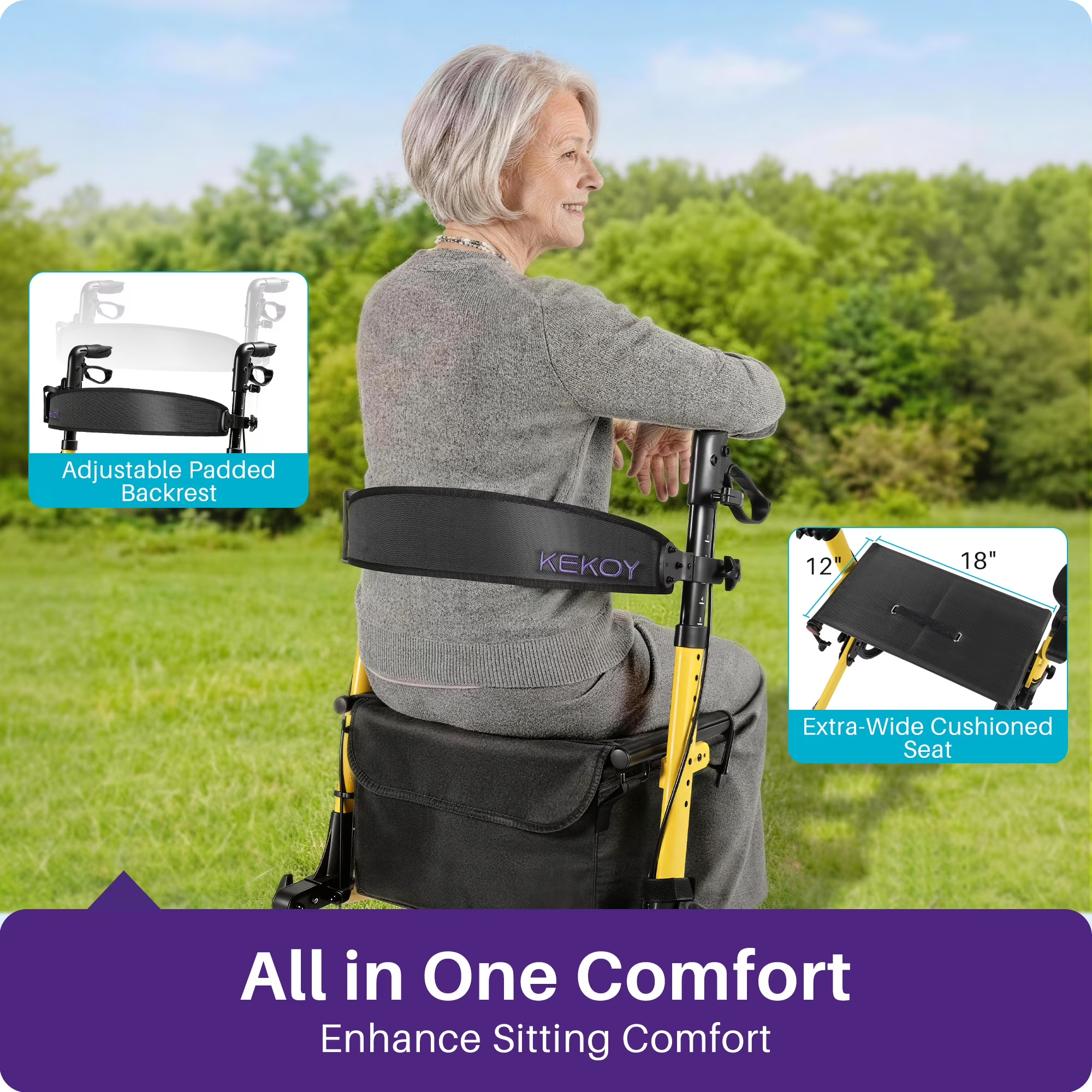 KEKOY Walkers for Seniors Foldable Mobility Rollator with Seat 350 lb, Adjustable Handles and Backrest Height, Adult Aluminum Rolling Walker, 8" Big Wheels, Yellow