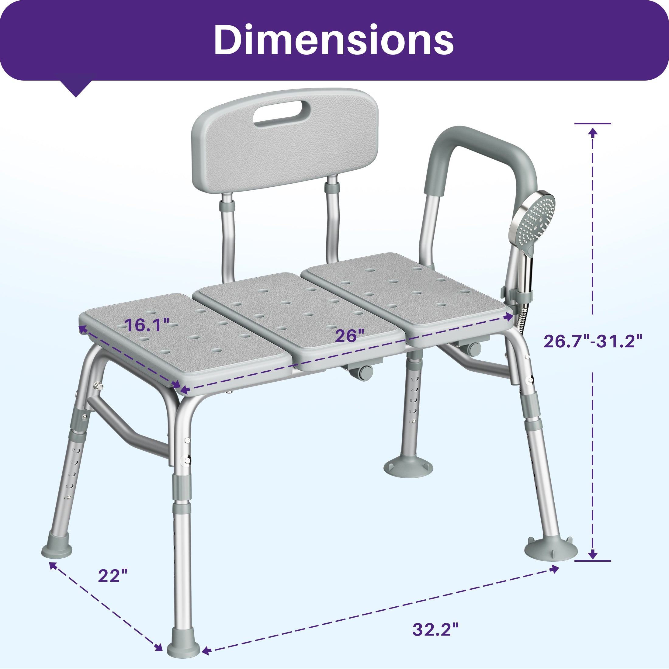 KEKOY Shower Transfer Bench for Bathtub 400LBs, FSA/HSA Eligible Tub Bath Shower Chair Seat, Height Adjustable Shower Stool for Elderly, Disabled, Grey