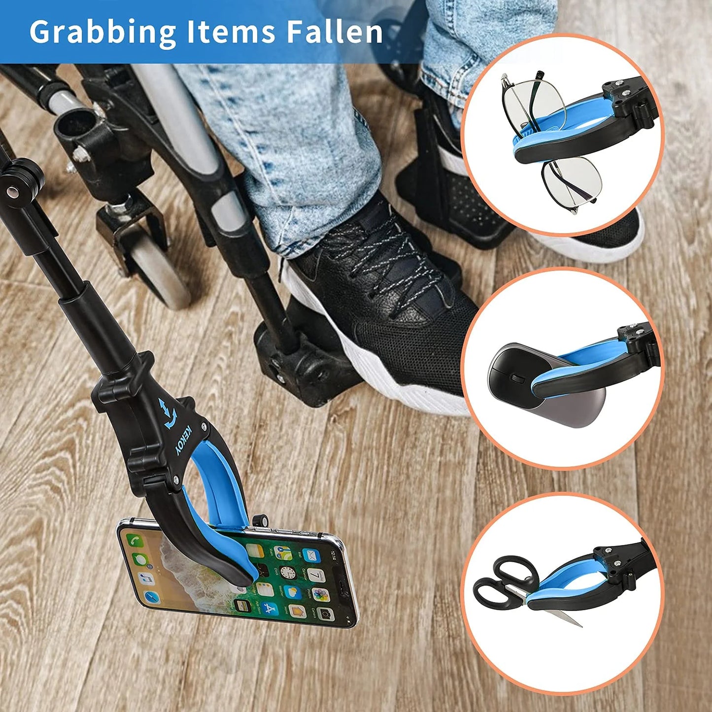 KEKOY 22" Reacher Grabber Tool with Headlight, Mobility Aid Reaching Tool, blue