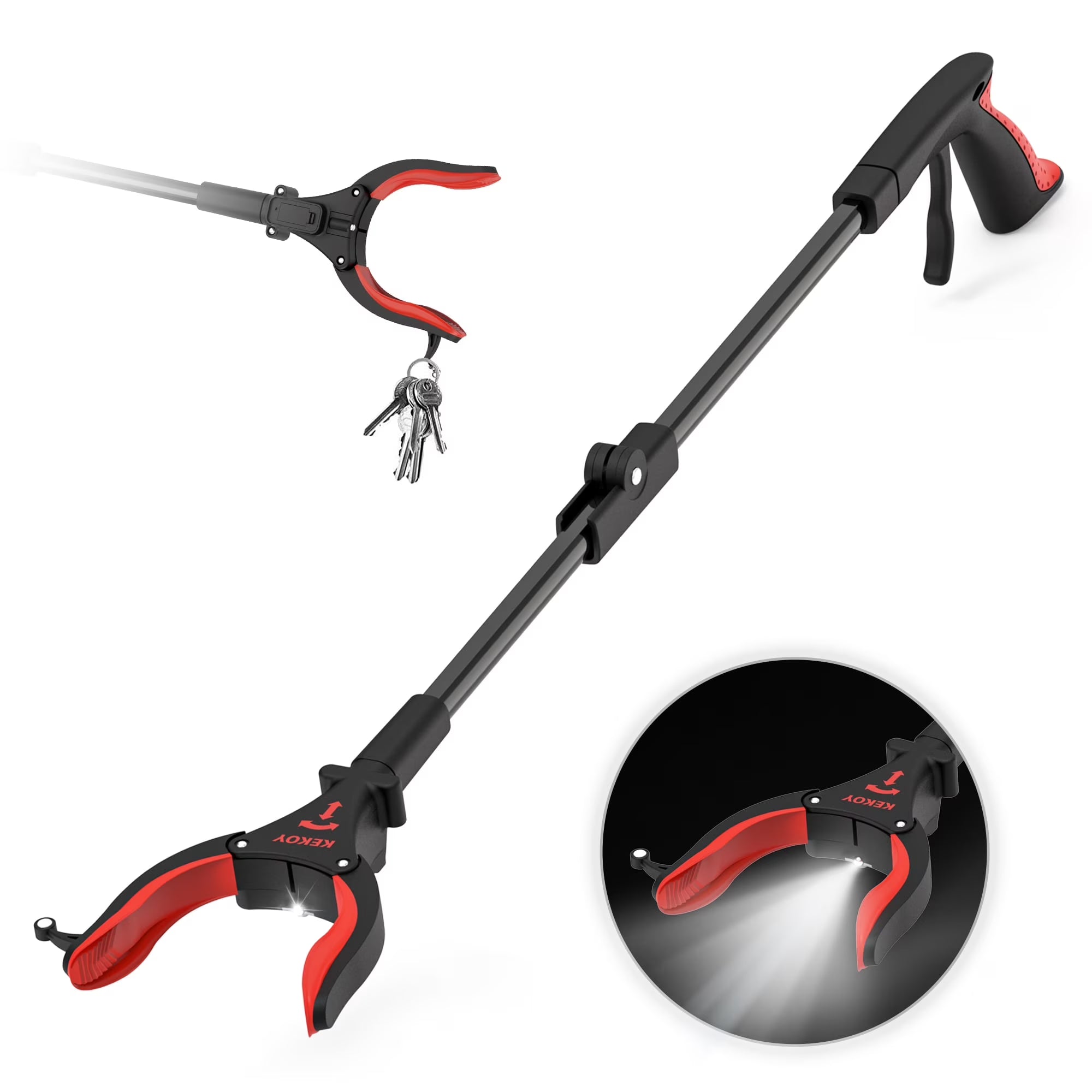 KEKOY 32 Inch Grabber Reacher Tool, Foldable Grabber with Light, Extra Long Grabbers for Elderly Grab It Reaching Tool, Trash Pick up Stick, Picker Upper Heavy Duty, Red