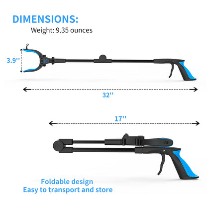 KEKOY 32" Foldable Reacher Grabber Tool with Light, Extra Long Trash Claw Grabber, FSA/HSA Eligible Reaching Aid Tool for Trash Pick up, Blue