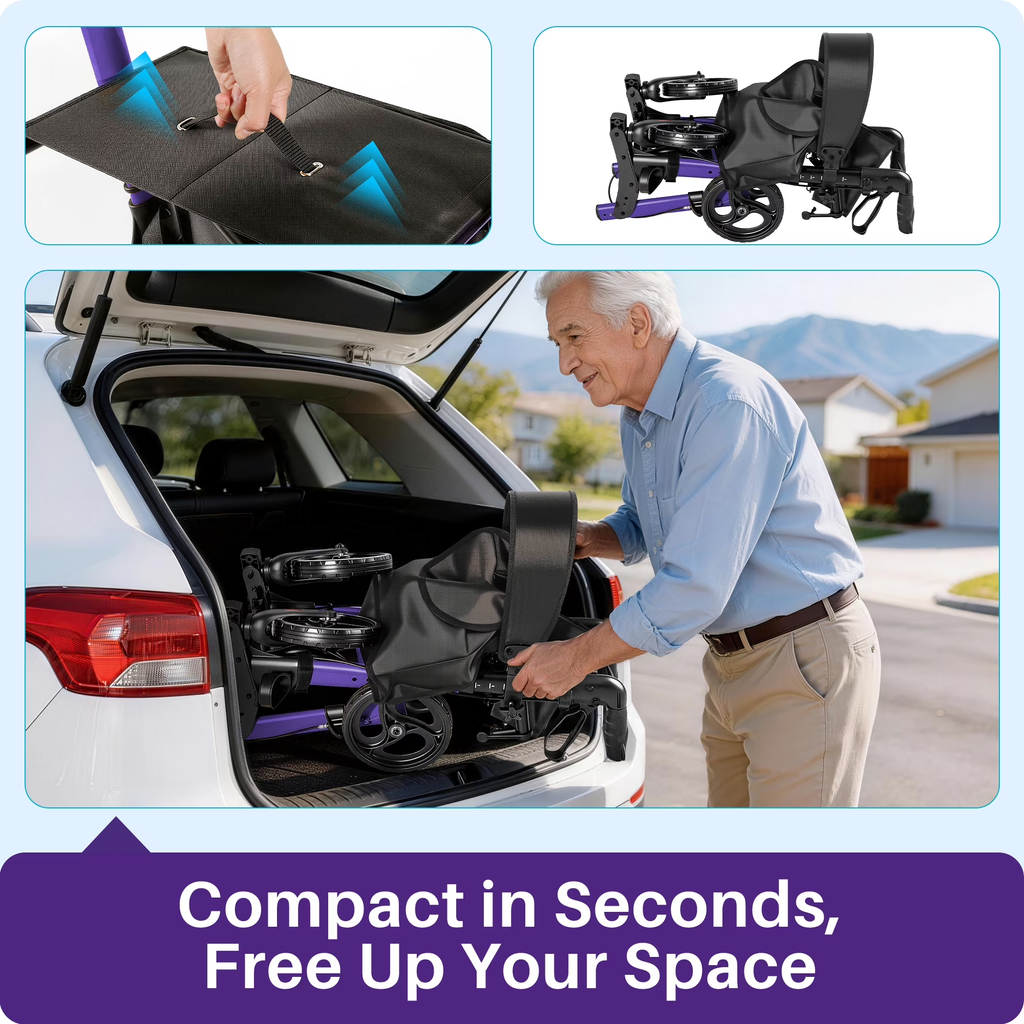 KEKOY Walkers for Seniors Foldable Mobility Rollator with Seat 350 lb, Adjustable Handles and Backrest Height, Adult Aluminum Rolling Walker, 8" Big Wheels, Purple
