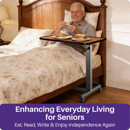 KEKOY Overbed Table with Wheels, Pneumatic Height Adjustable Bedside Table for Bed for Elderly, Rolling Bed Tray Table for Eating & Reading, Stable Support for Hospital and Home Care