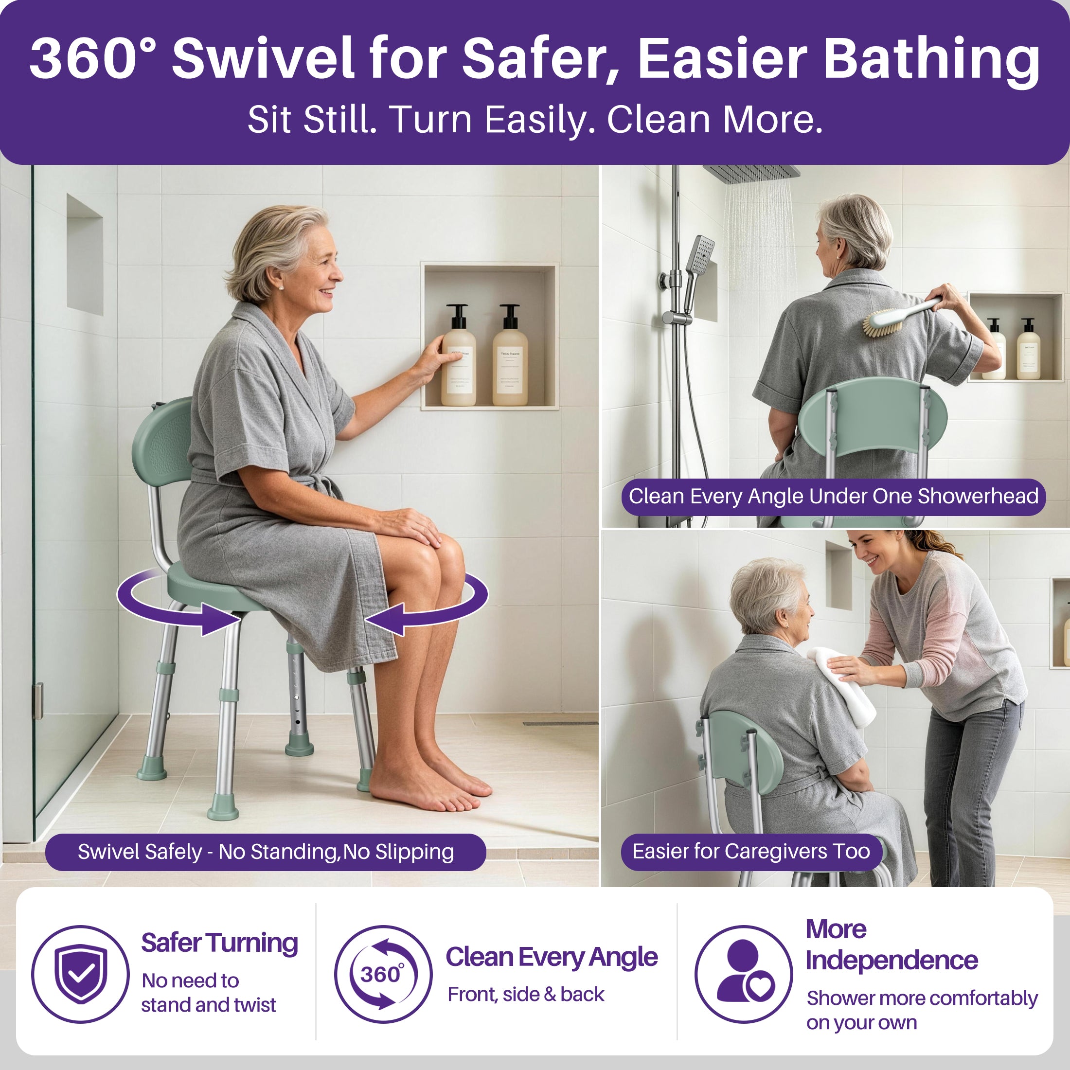Kekoy Swivel Shower Chair, 360° Rotating Shower Seat with Backrest for Elderly and Disabled, Height Adjustable Tub Bench for Inside Shower Stool & Bath Tub Seat for Narrow Space