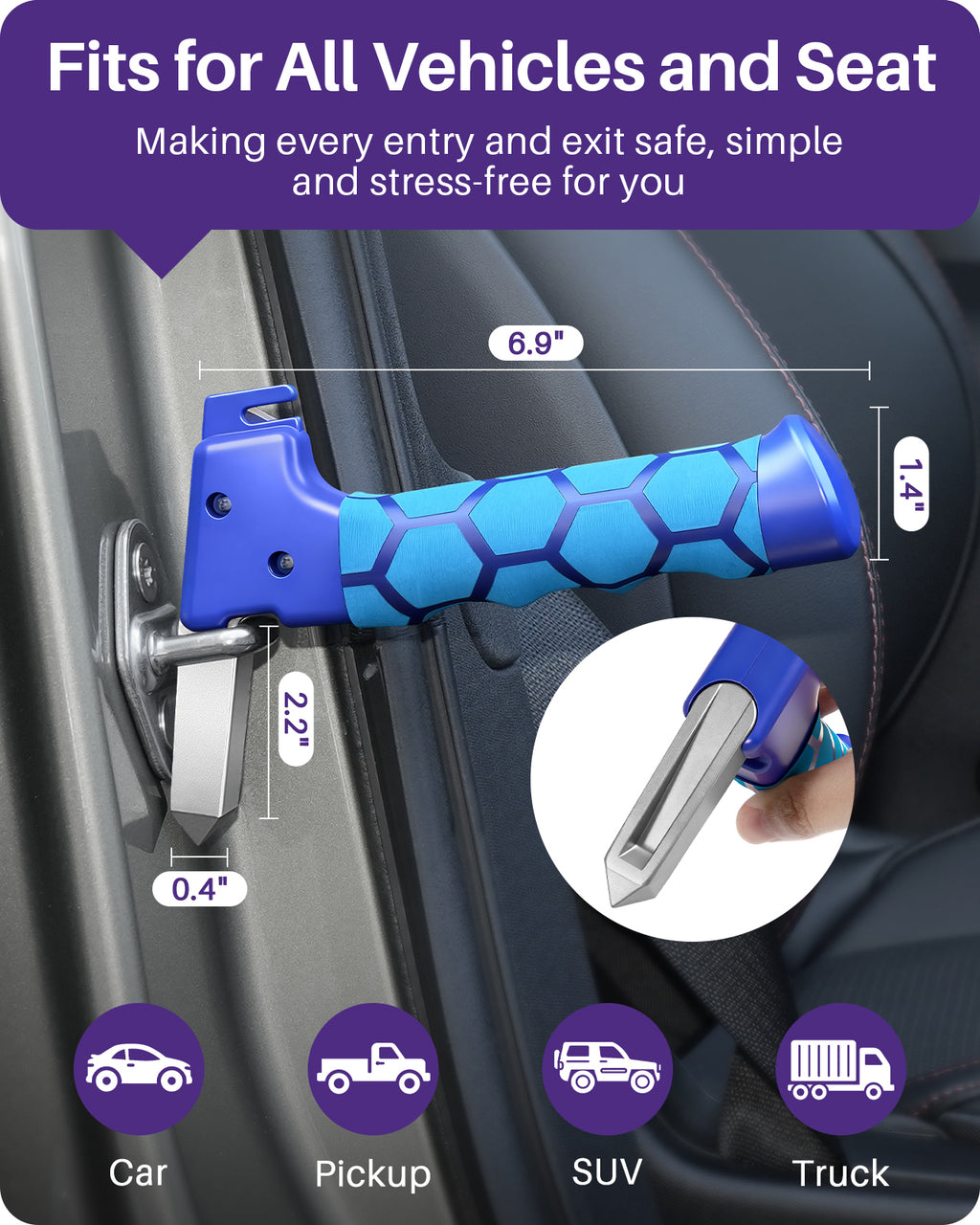 KEKOY 3 Pack Car Door Handle for Elderly, 4 in 1 Multifunctional Car Handle Assist with Car Window Breaker, Seat Belt Cutter and Automotive Standing Aid, Mobility Aids for Seniors