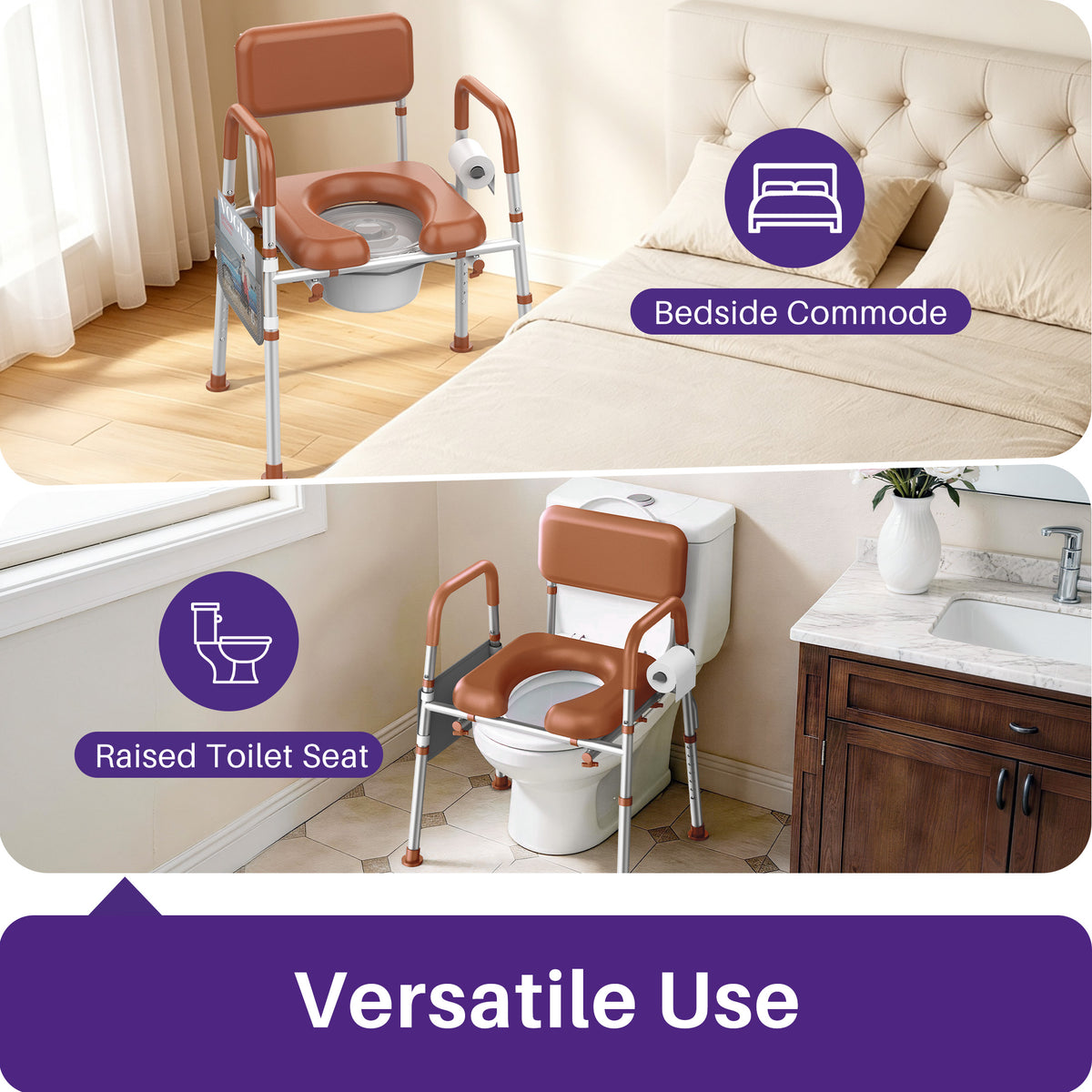 Kekoy Bedside Commode Chair with Padded Seat and Backrest, Commode Toilet with Liners for Adults, Seniors and Disabled, Adjustable Height, Includes Potty Bucket, Splash Guard, 400 lb Capacity