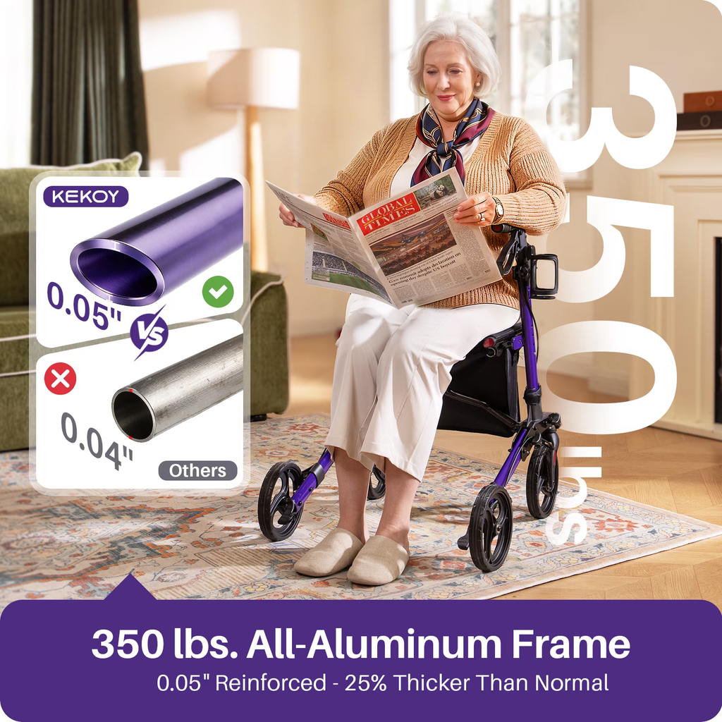 KEKOY Rollator Walker with Seat, Fits 4'9"-6'5", FSA HSA  Eligible Mobility Walkers for Seniors, Adjustable Height & Backrest, Foldable Aluminum, 8" All-Terrain Wheels, 350 lb Capacity, Purple